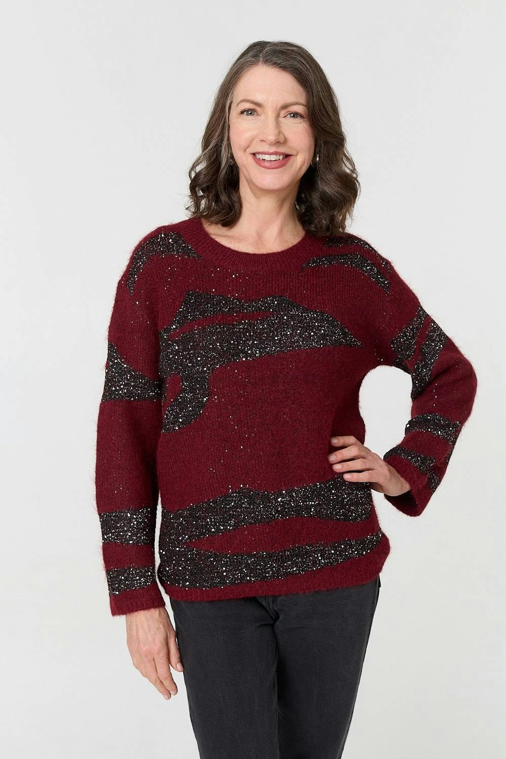 Izabel London Burgundy Metallic Sparkly Animal Print Jumper - L