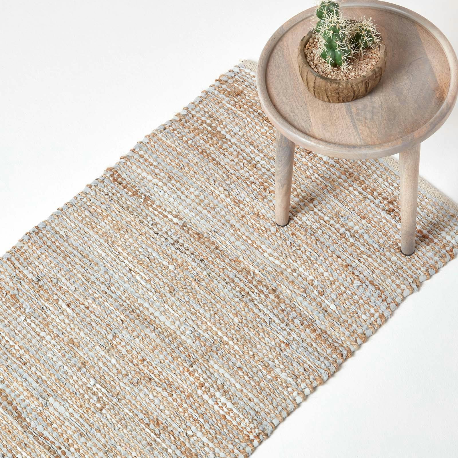 Rackhams Brown/Beige/Grey Madras Leather Hemp Rug - Natural - 66 X 200 Cm