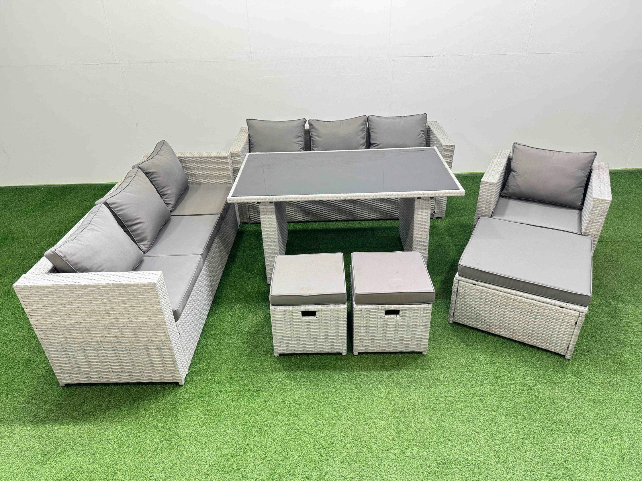 Rackhams Black/Light/Grey Patio Garden Furniture Sets With Glass Top Dining Table 3 Seater Sofa Armchair 3 Stool