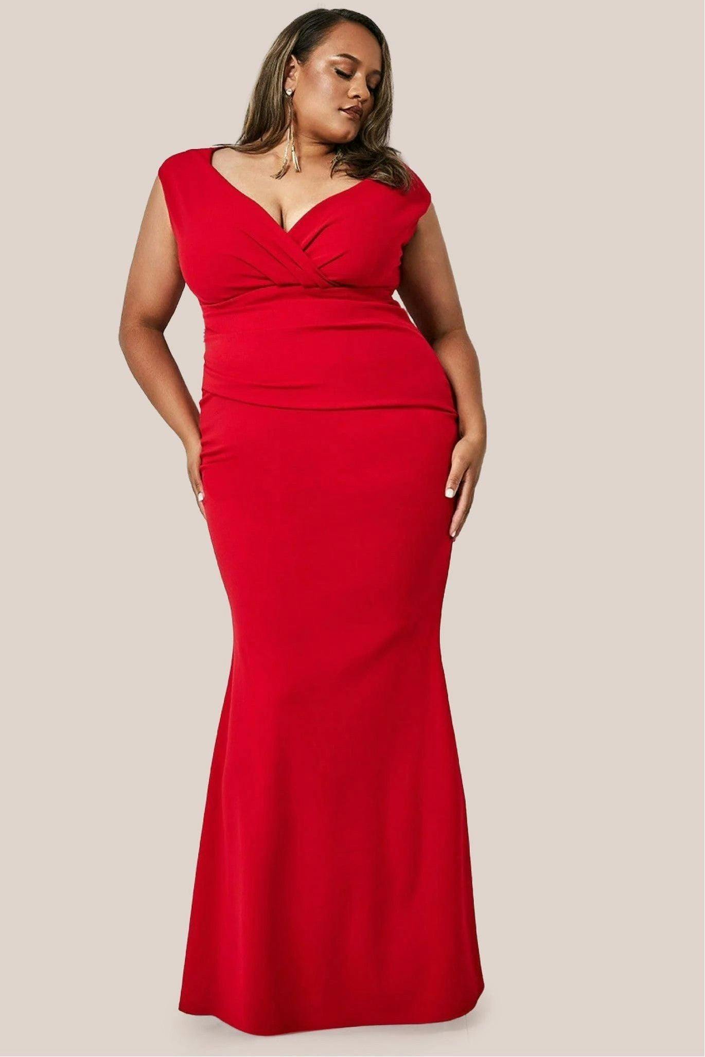 Goddiva Plus Red Bardot Pleated Maxi Dress - By - 26