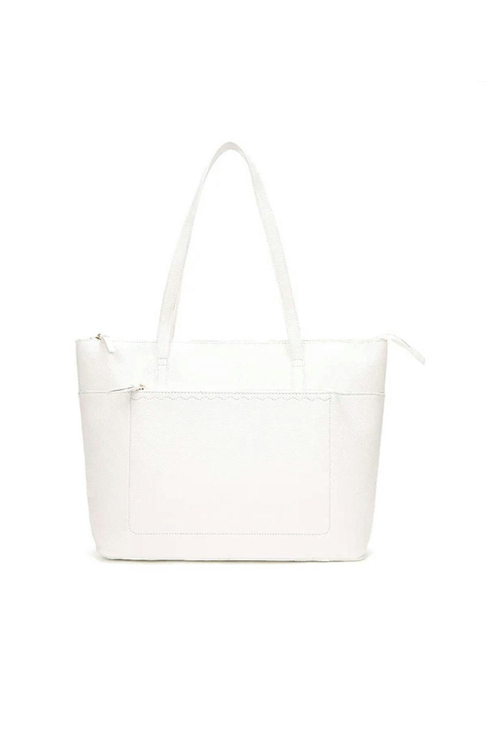 Pluspup White Large Tote Shoulder Bag With Zipper Closure And Inner Pockets