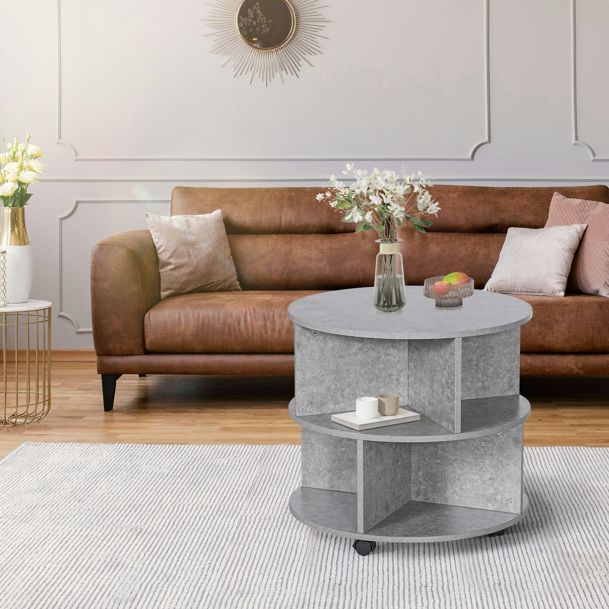 Rackhams 3 Tier Coffee Table Round Rolling Centre Table W/ Wheels Cement - Cement Colour