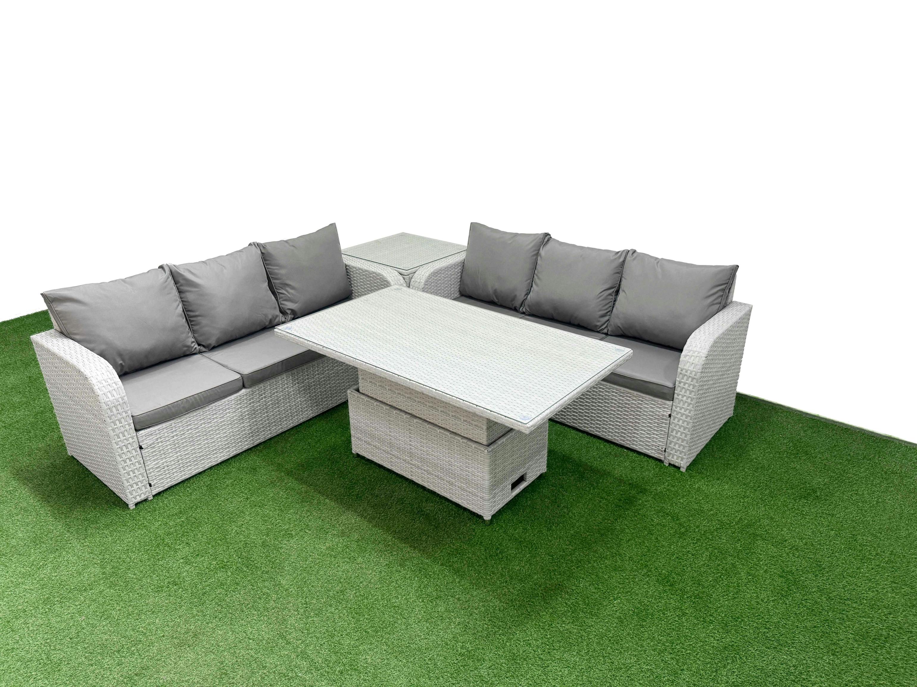 Rackhams Light/Grey 6 Seater Wicker Rattan Garden Set, Adj Height Table, High Back Lounge Sofa And Side Table,