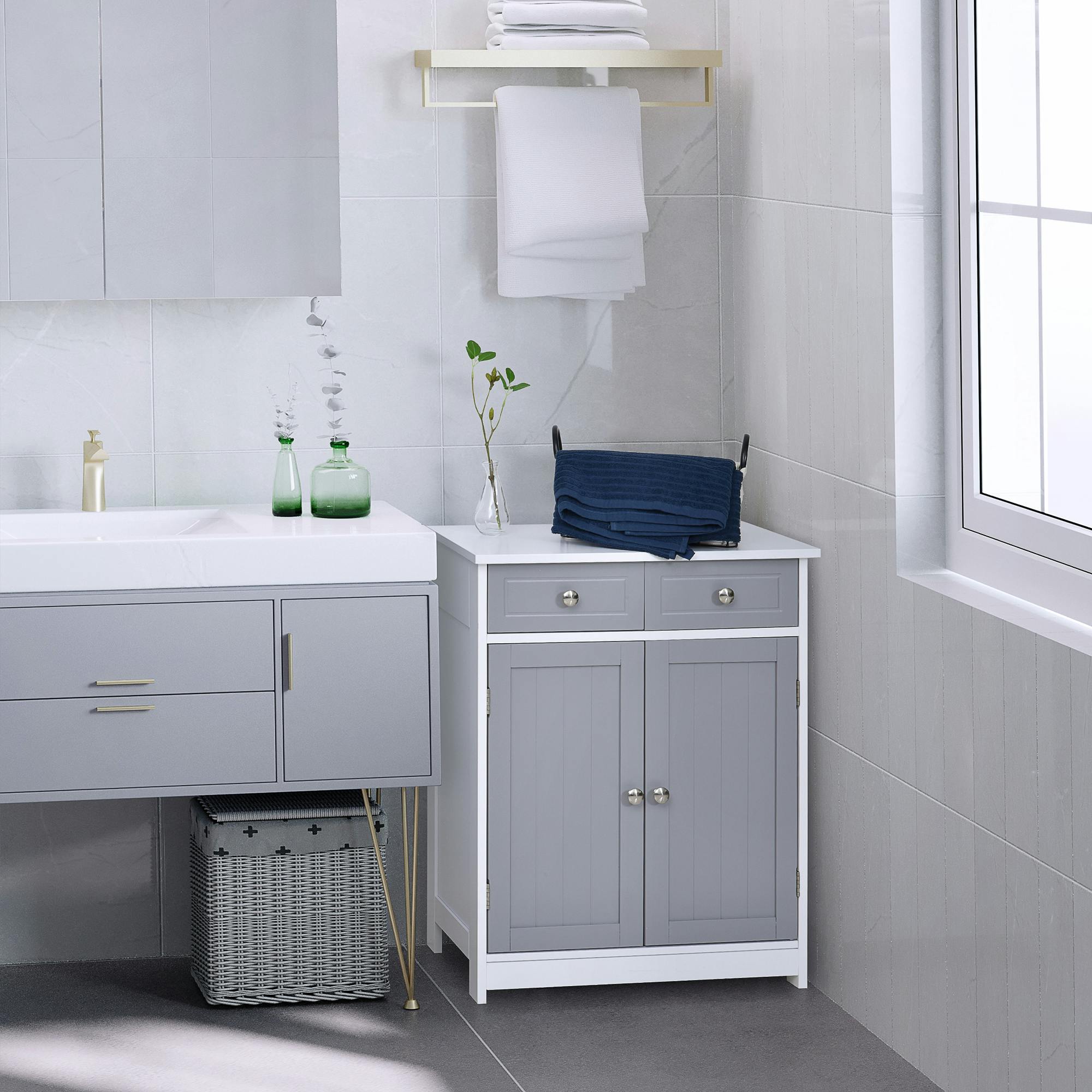 Bobobiy Grey/White 75X60cm Freestanding Bathroom Storage Cabinet Unit W/ 2 Drawers Cupboard Adjustable Shelf Metal Handles Traditional Style - Multicolour - Image 4