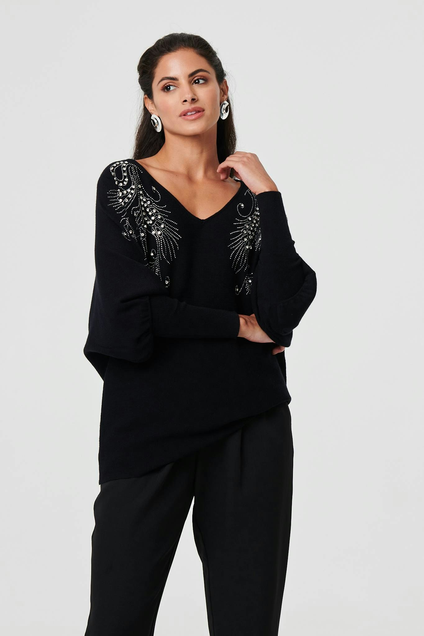 Izabel London Black Sparkly Embellished V-Neck Jumper - 12