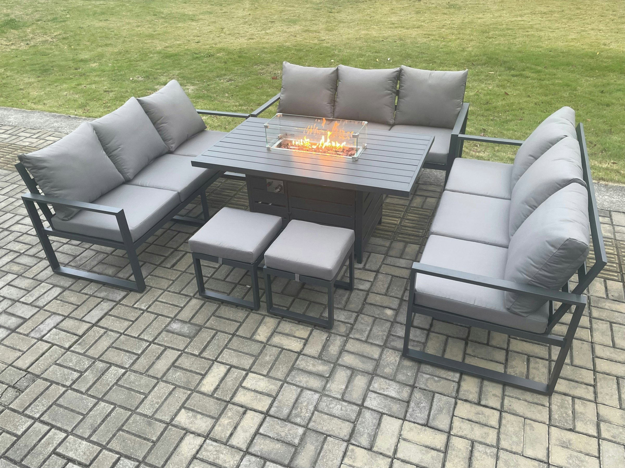 Rackhams Dark/Grey Aluminium 11 Seater Garden Furniture Outdoor Set Patio Lounge Sofa Gas Fire Pit Dining Table Set With 2 Small Footstools