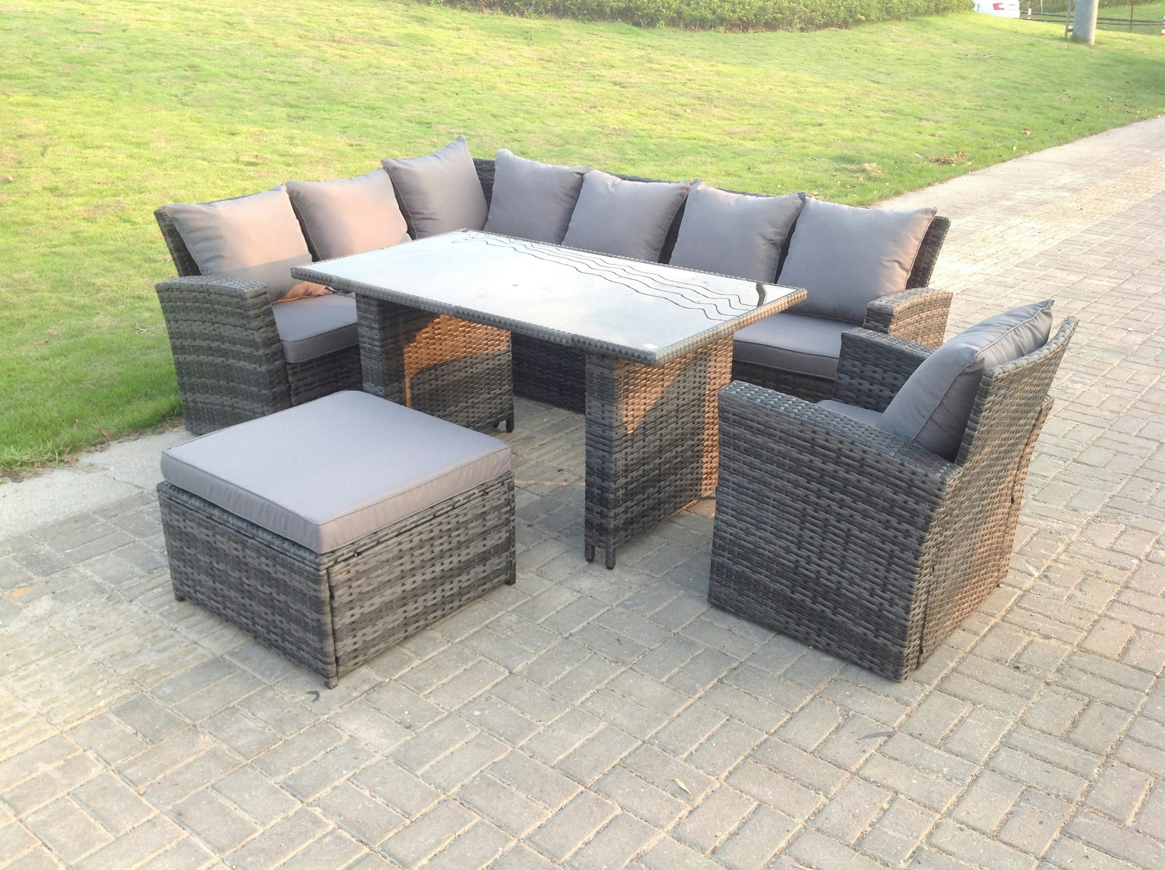 Fimous Black 8 Seater High Back Rattan Garden Furniture Set Corner Sofa With Tempered Dining Table Footstool With Arm Chair