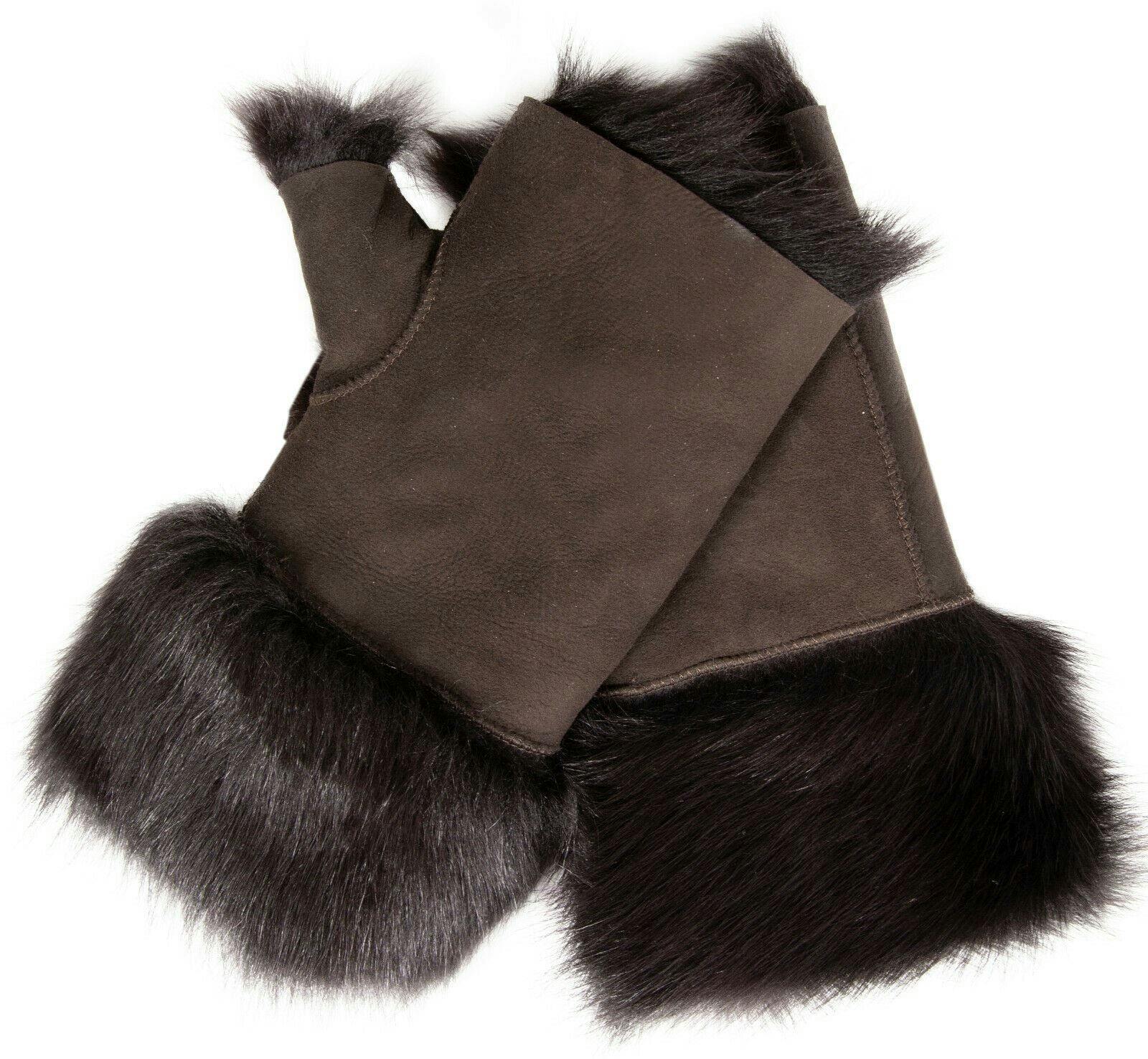 Infinity Leather Women's Brown Shearling Mittens Fingerless Cuffs Toscana Suede Sheepskin Fur - One Size