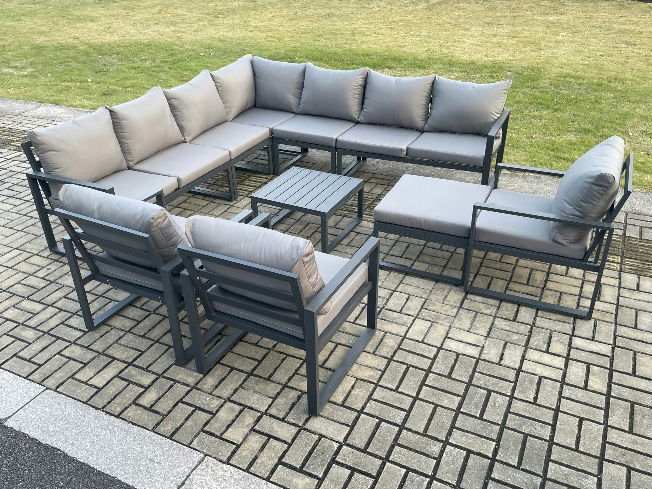 Rackhams Dark/Grey Outdoor Garden Furniture Patio Lounge Corner Sofa Aluminium Set With Square Coffee Table Big Footstool 3 Chair
