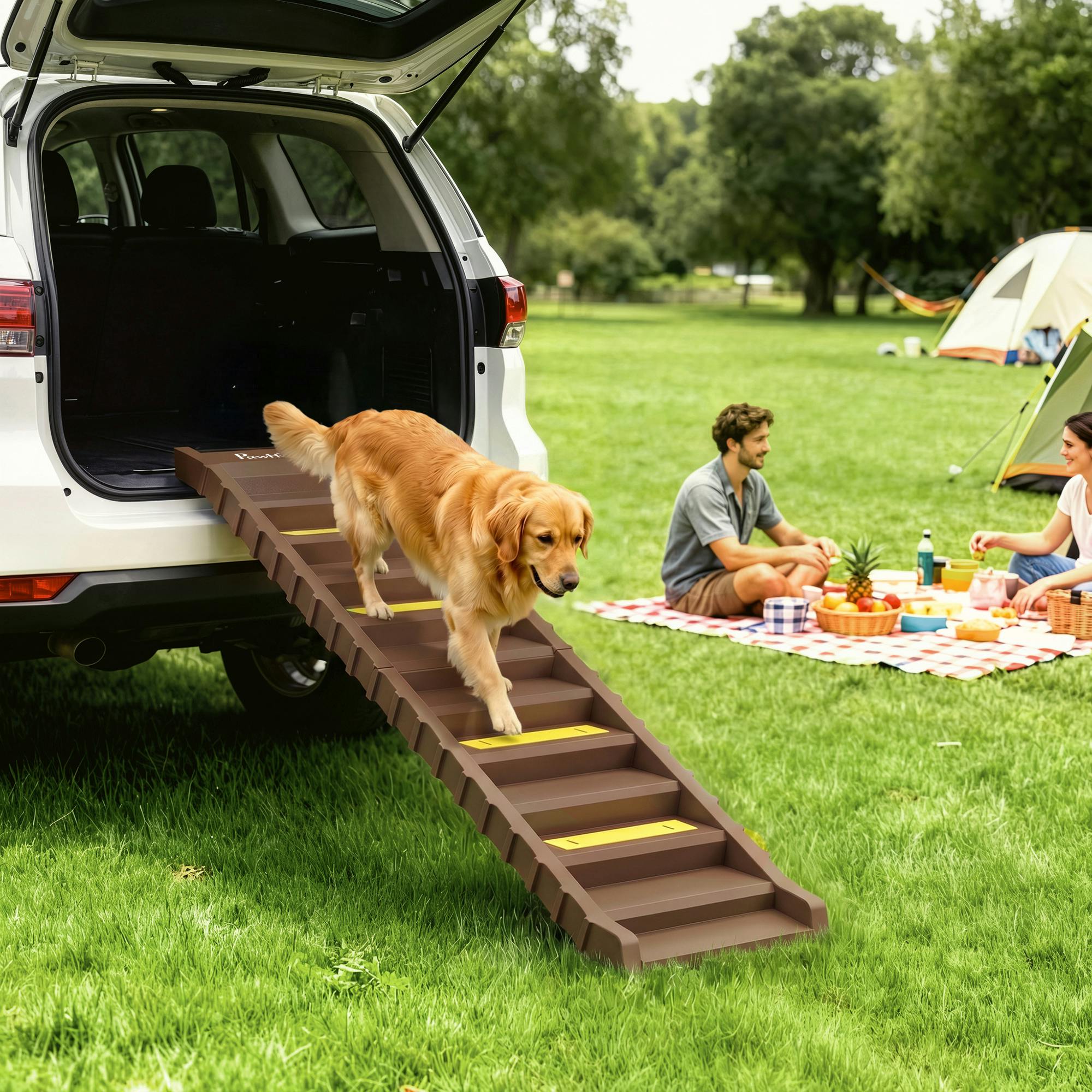 Pawhut Brown Foldable Dog Ramp For Car, Non-Slip Dog Stairs For Suvs Truck,