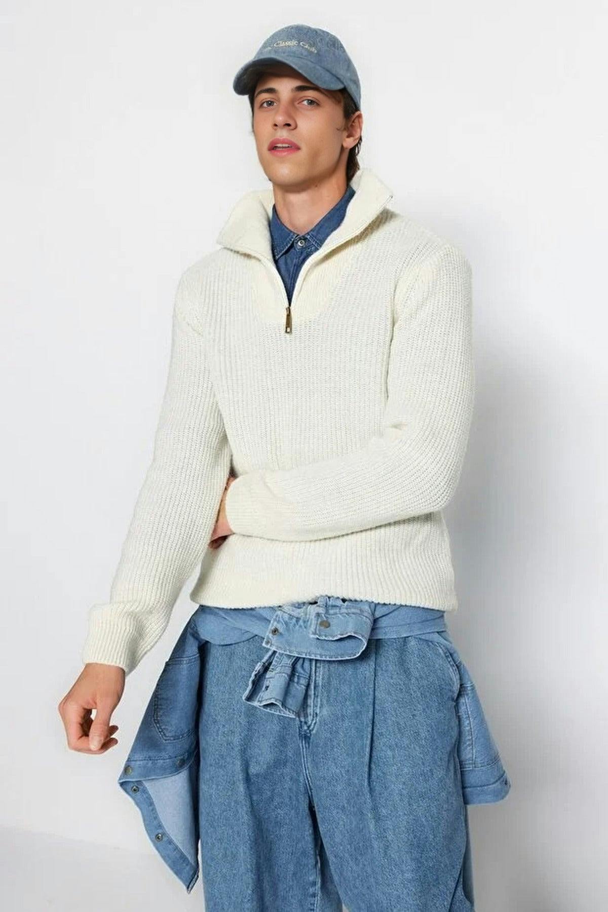 Wovcor Men's Regular Woolen Zippered Turtleneck Knit Sweater - Ecru - Xl