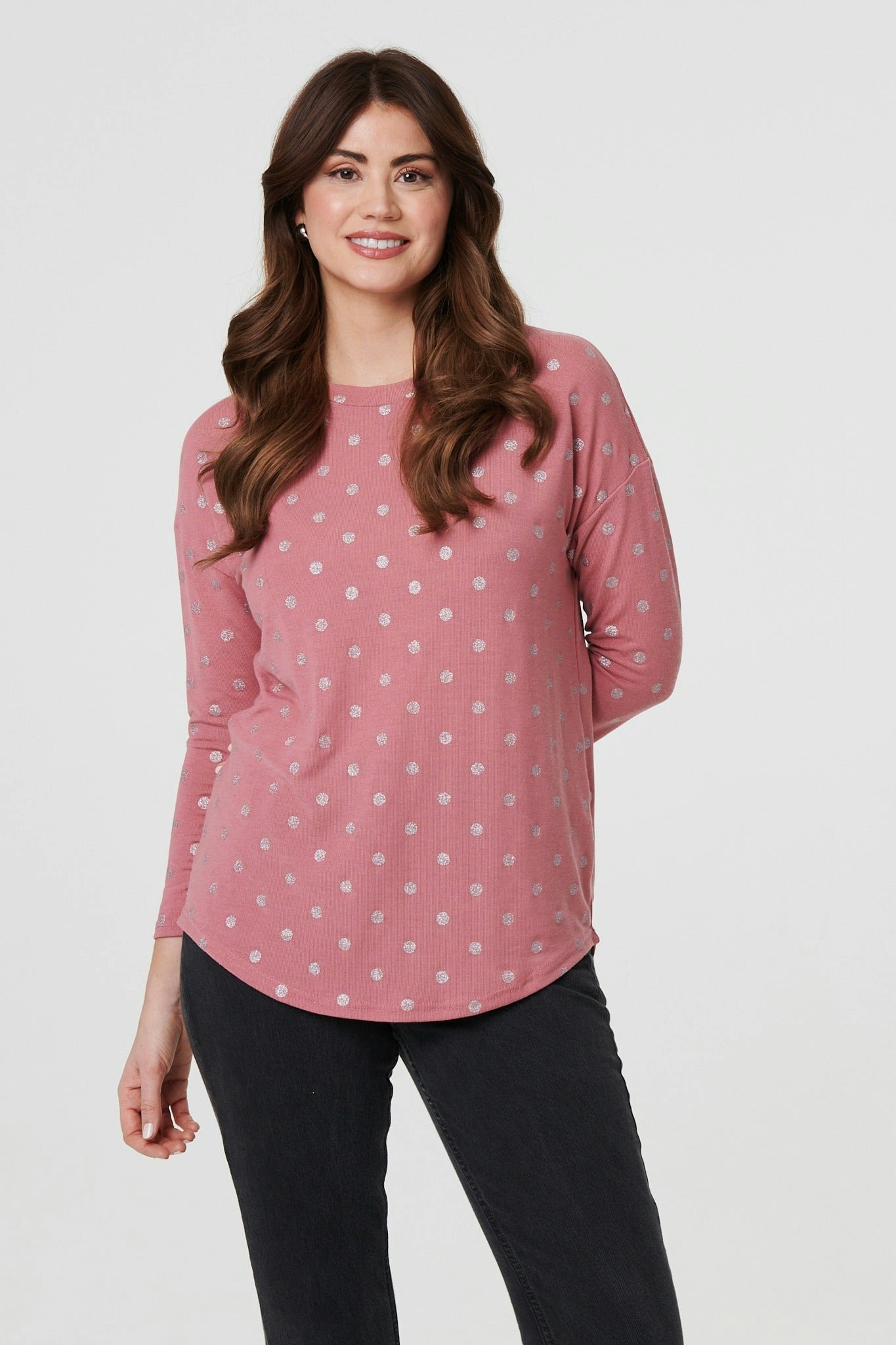 Izabel London Pink Polka Dot Print Relaxed Long Sleeve Top - 14