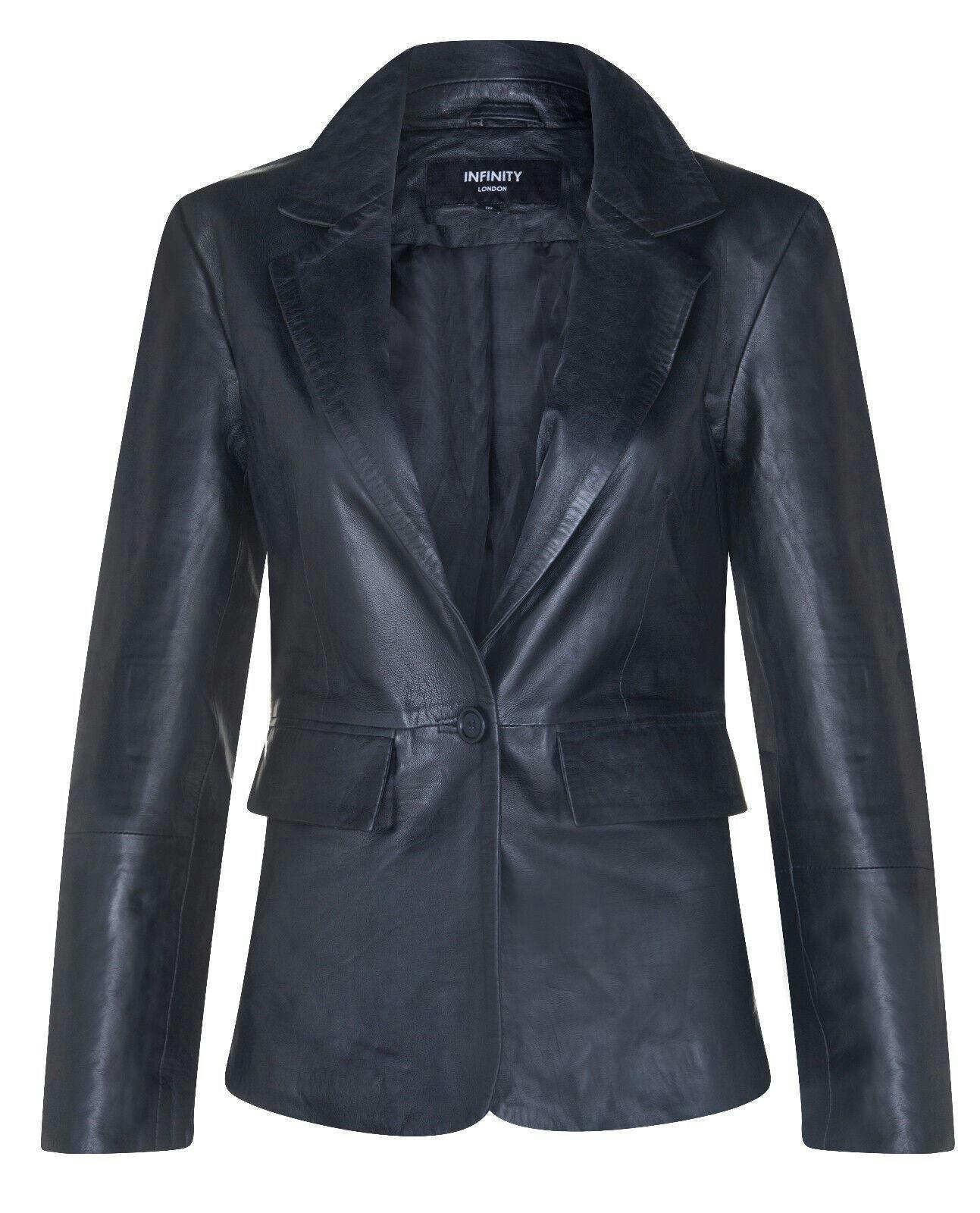 Infinity Leather Women's Black One Button Leather Blazer Jacket-Newhaven - Uk Xs/8 | Eu 34 | Us 4