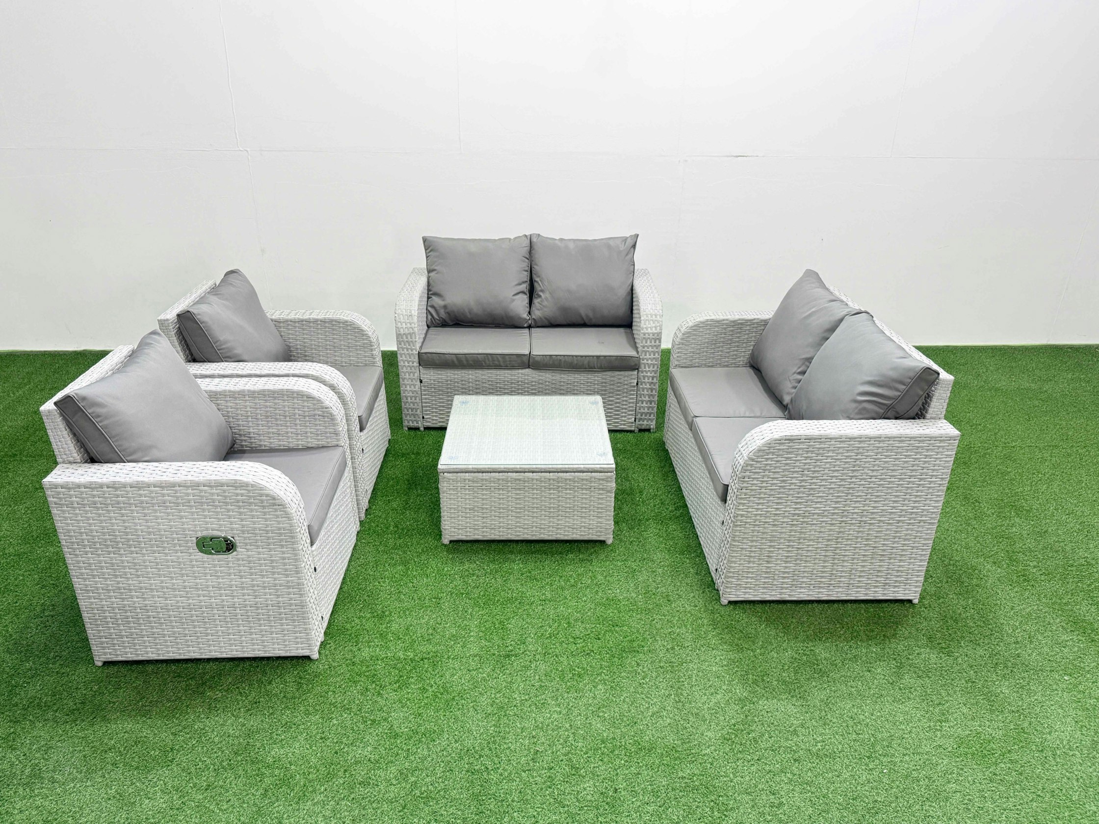 Rackhams Light/Grey 6 Seater Outdoor Reclining Chair Love Sofa Set Rattan Garden Furniture Set With Square Coffee Table