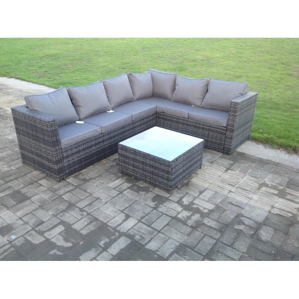 Fimous Dark/Grey Rattan Corner Sofa Set Square Coffee Table Outdoor Garden Furniture In Mix 6 Seater With Seat And Back Cushion Left Corner