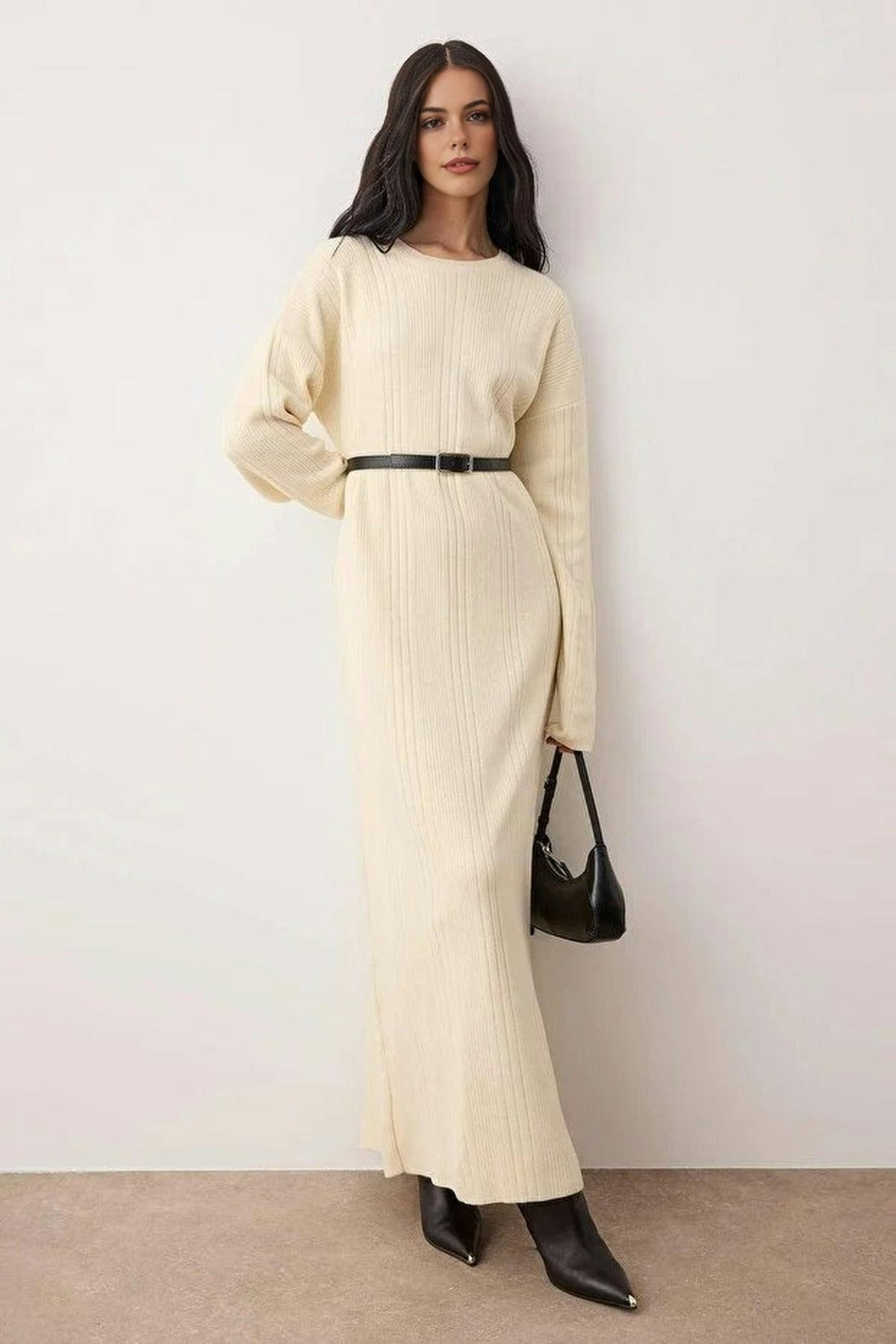 Wovcor Belted Knit Ribbed Dress - Ecru - S