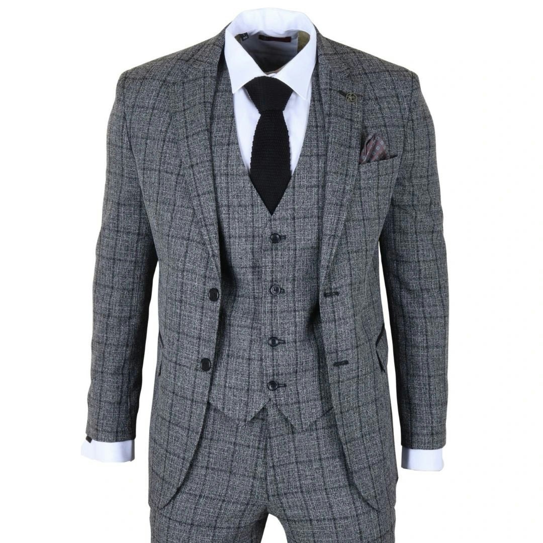 Truclothing Men's Grey Im11 - Charcoal 3 Piece Tailored Fit Check Suit - 48" Jacket 42" Trousers