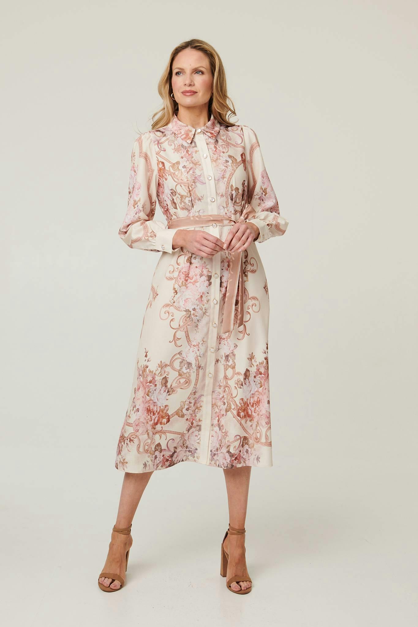 Izabel London Beige Floral Long Sleeve Tie Waist Midi Dress - 16