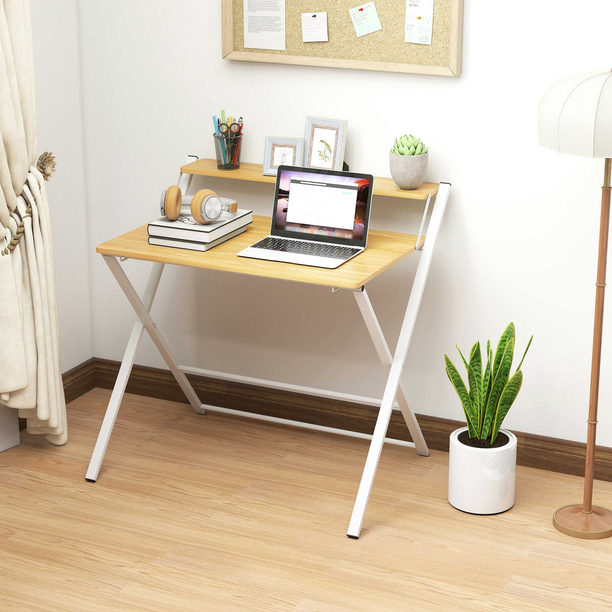 Homcom Folding Desk With 2-Tier Shelf For Home Office, Maple Wood-Effect