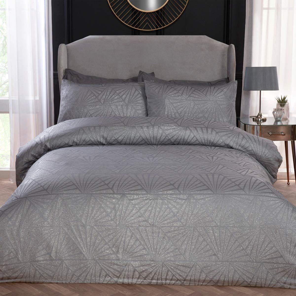 Rackhams Silver Luxury Hotel Quality Lurex Jacquard Geometric Deco Duvet Cover With Pillowcases - King (220Cm X 230Cm)