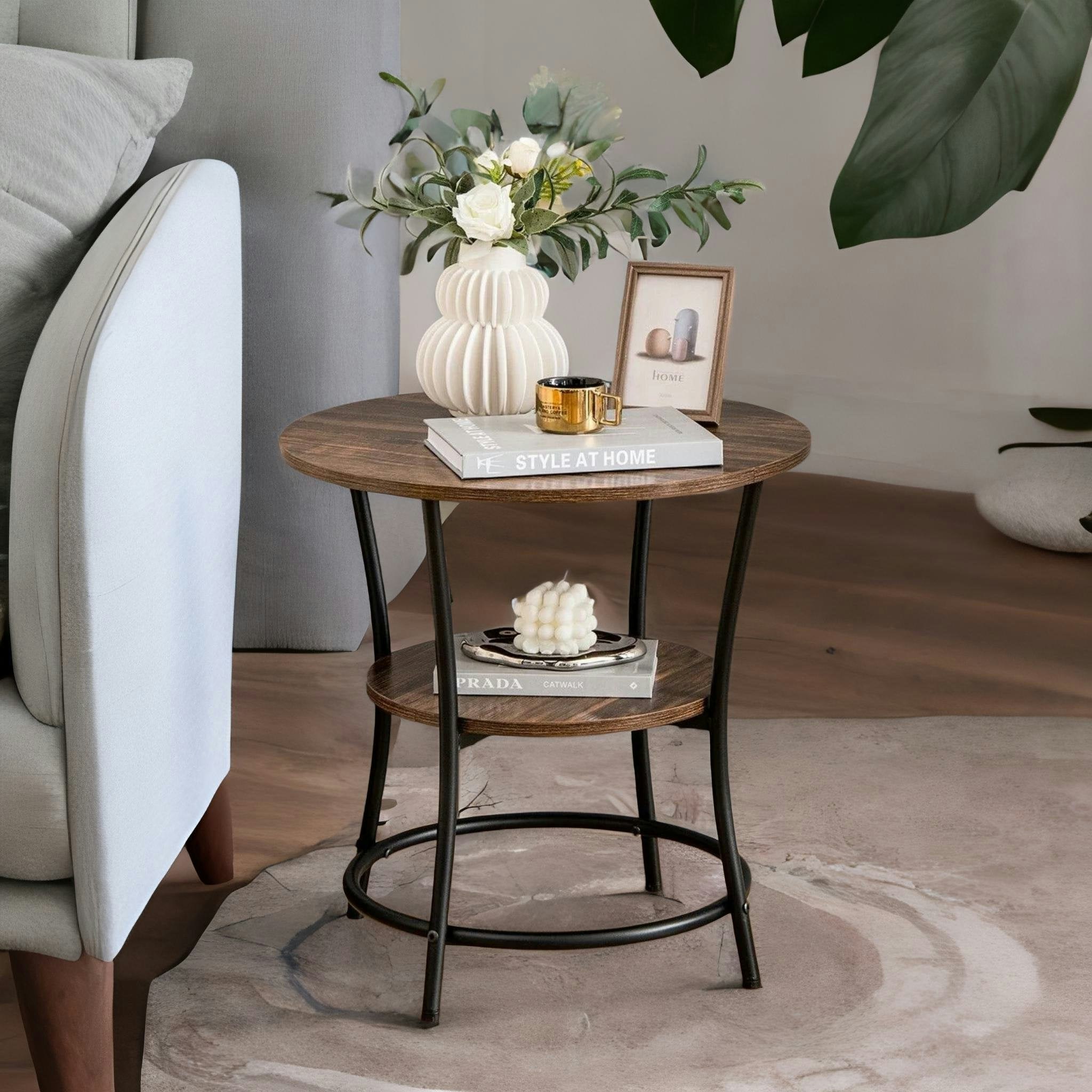 Rafaelo Mobilia Brown/Black Industrial Round Coffee Table With 2 Shelves