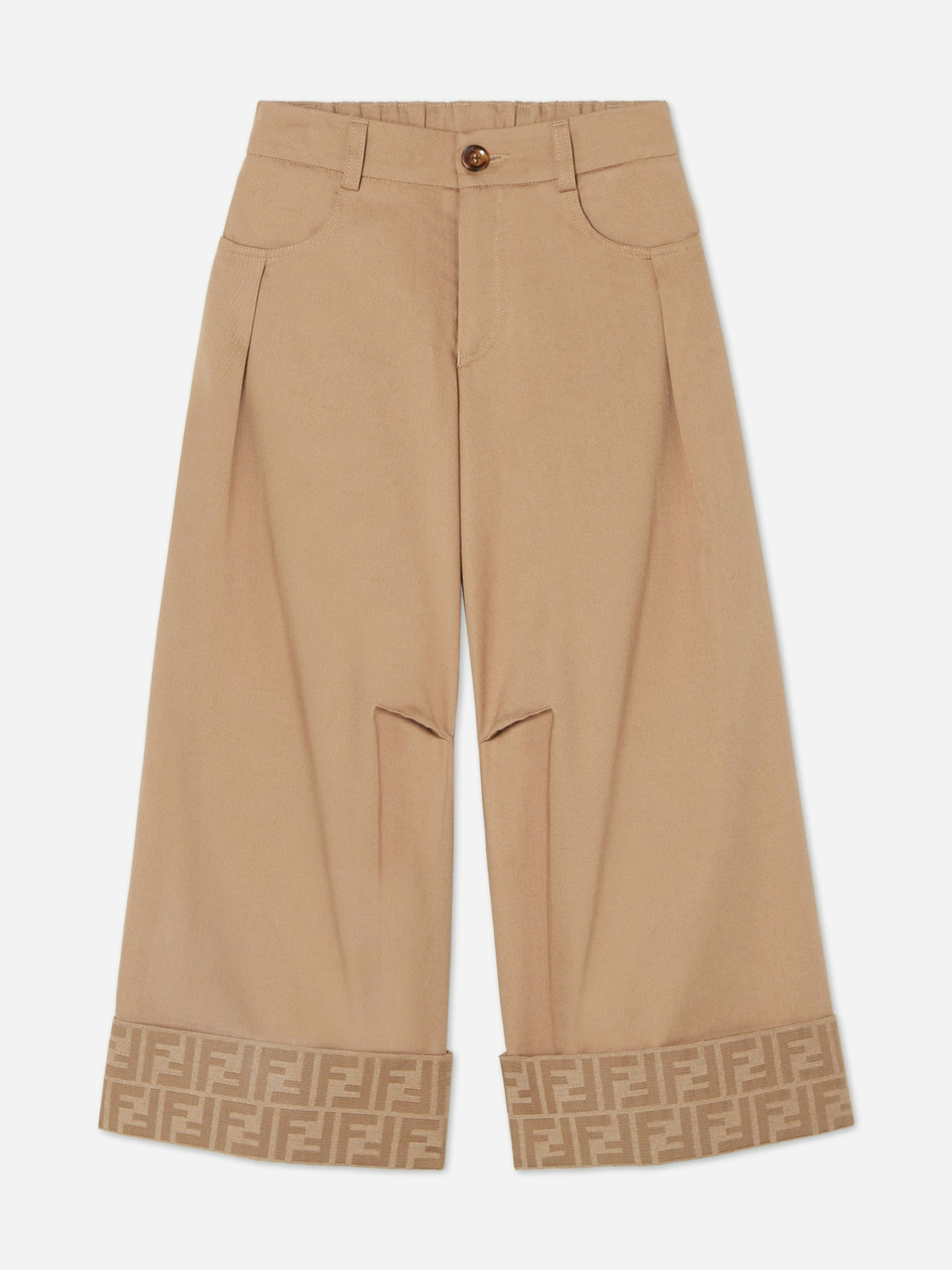 Fendi Kids Girls Beige Fendi Gabardine Wide Leg Trousers In - 8 Yrs