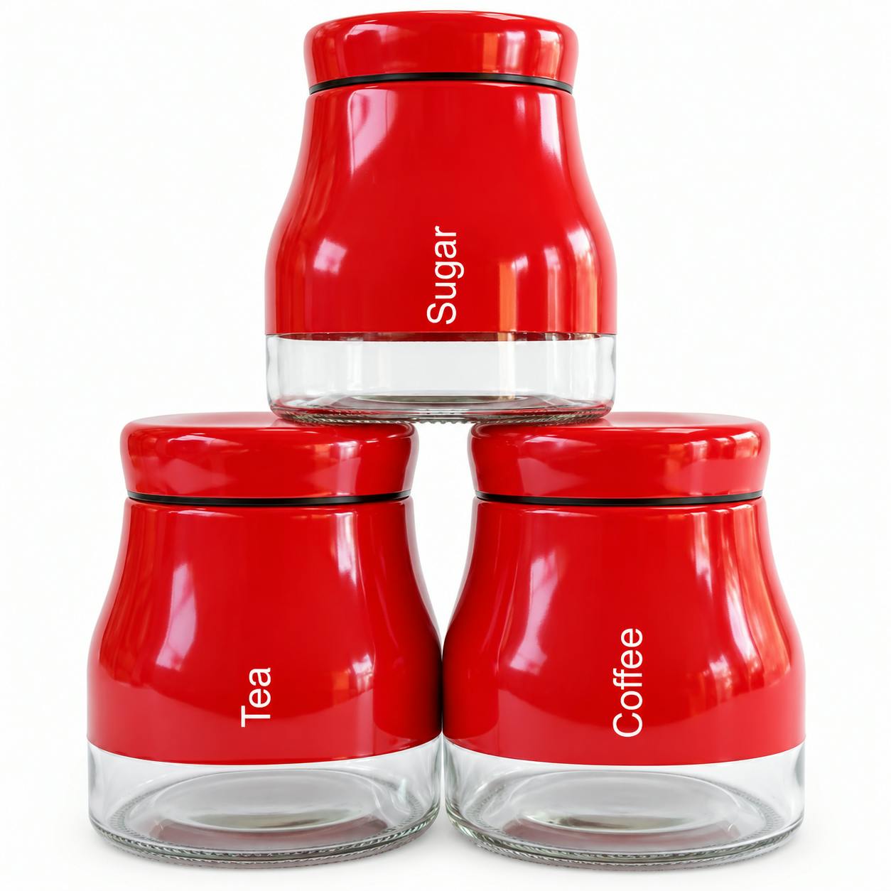 Rackhams Red 3 Piece Tea Coffee Sugar Canister Set Kitchen Storage Jars - Image 4