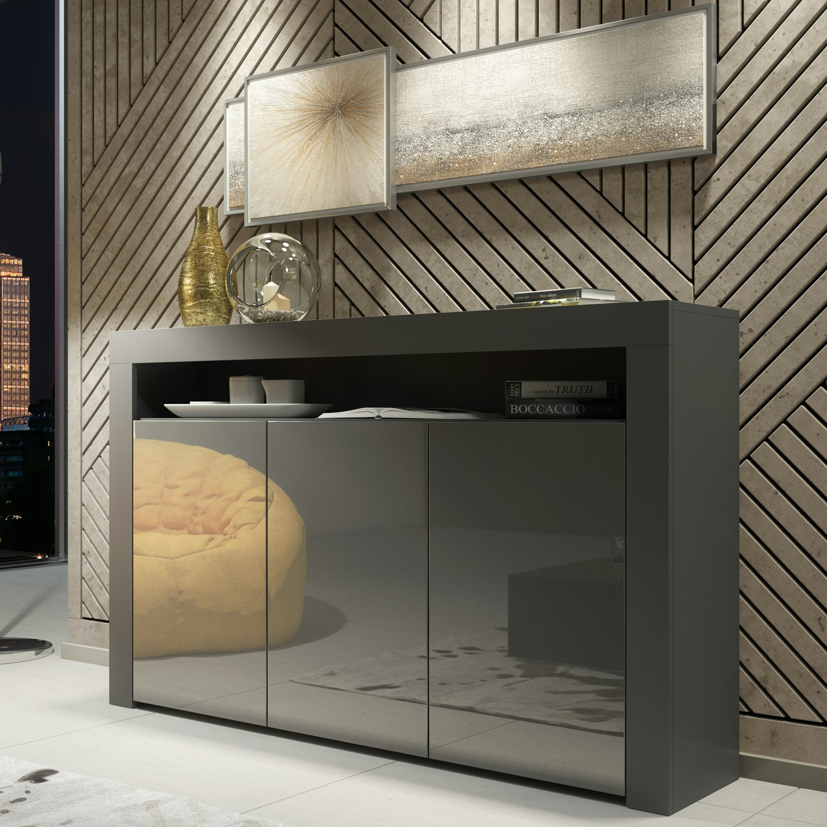 Rackhams Grey Modern Sideboard 155Cm – Matt Body With Gloss Doors - 155 Cm - Mdf/Chipboard - 1