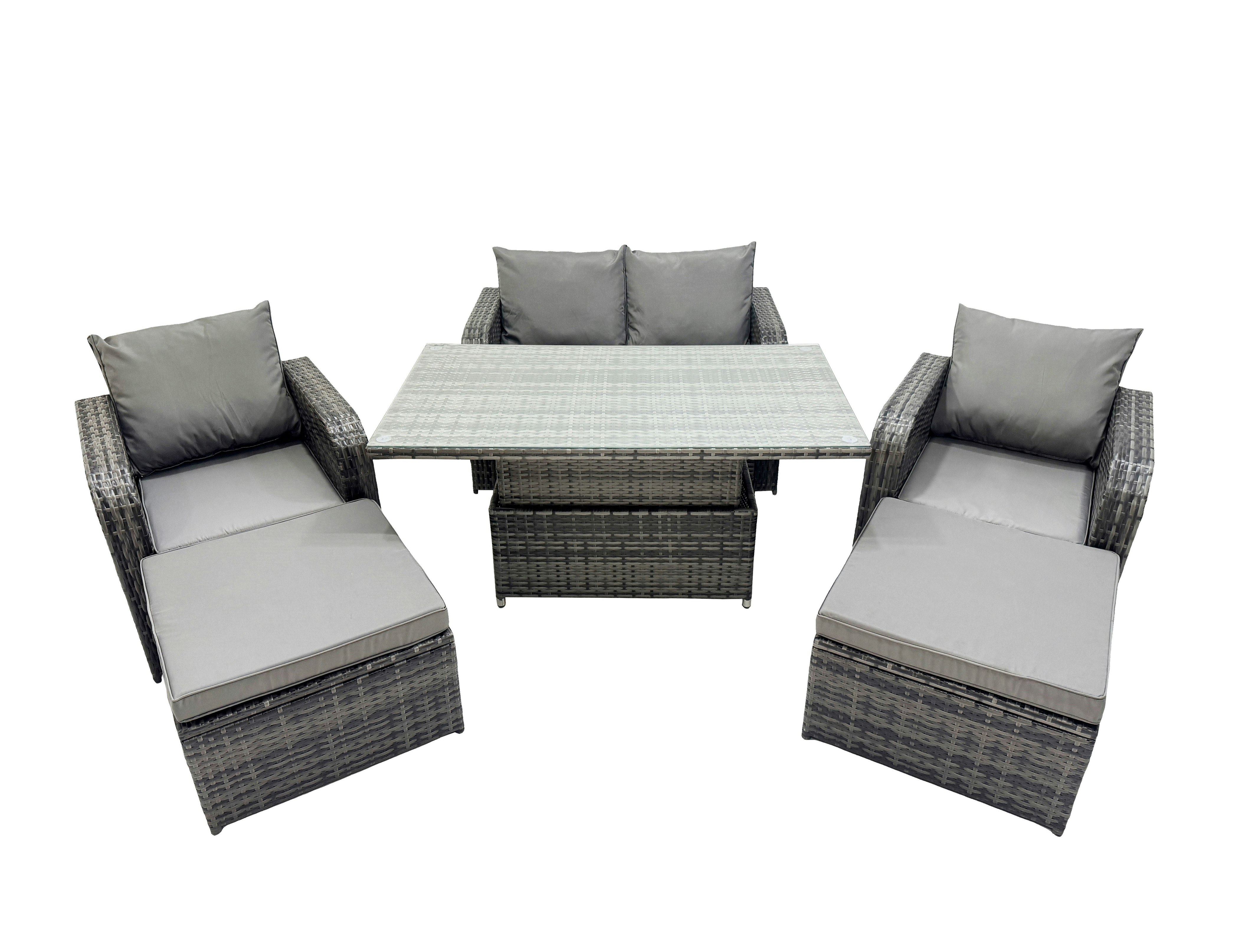 Rackhams Dark/Grey 6 Seater Patio Height Adjustable Rising Lifting Table Sofa Sets Rattan Garden Furniture Dining Set With 2 Big Footstool Mixed
