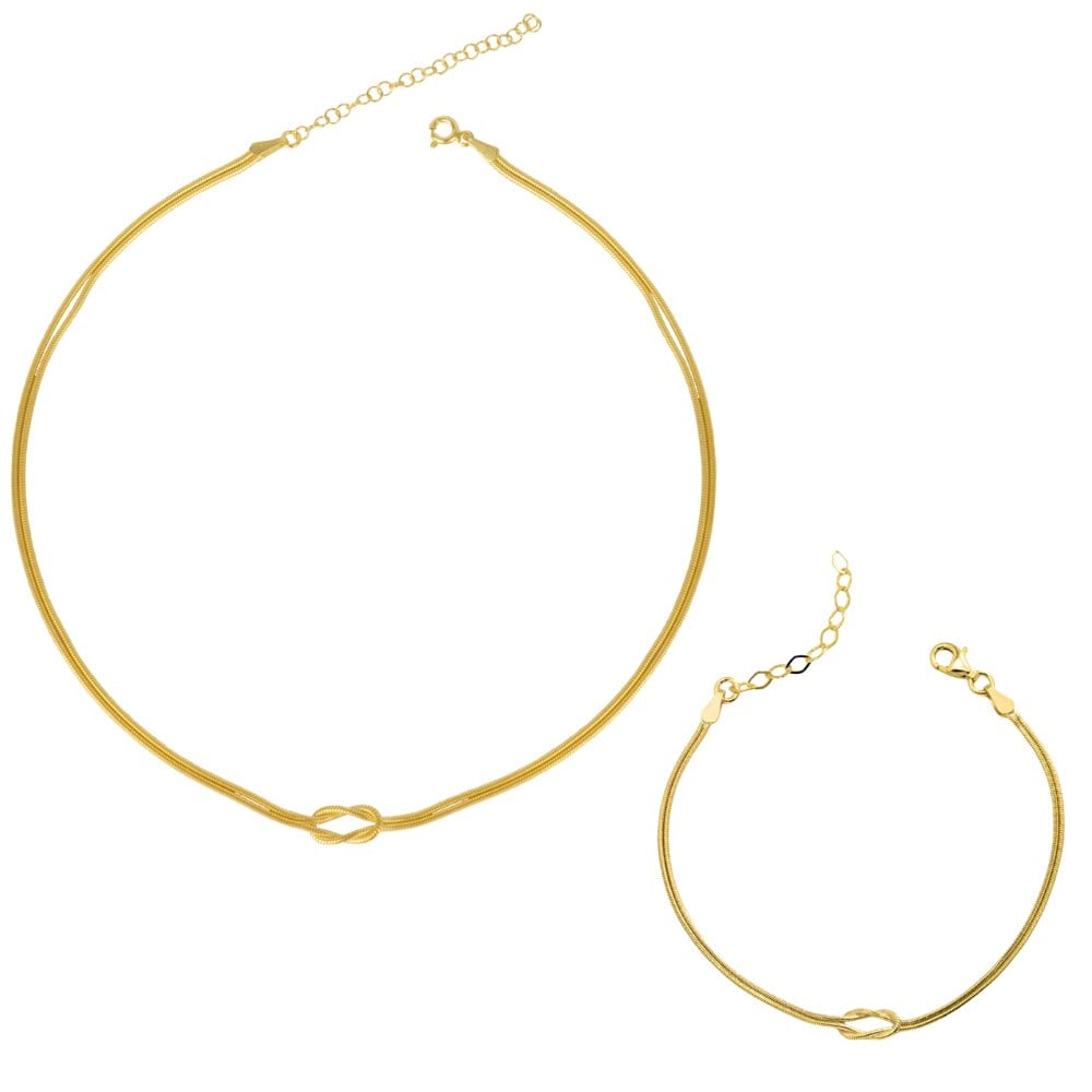 Spero London Silver/Gold Snake Chain Knot Bracelet & Choker Set In Sterling