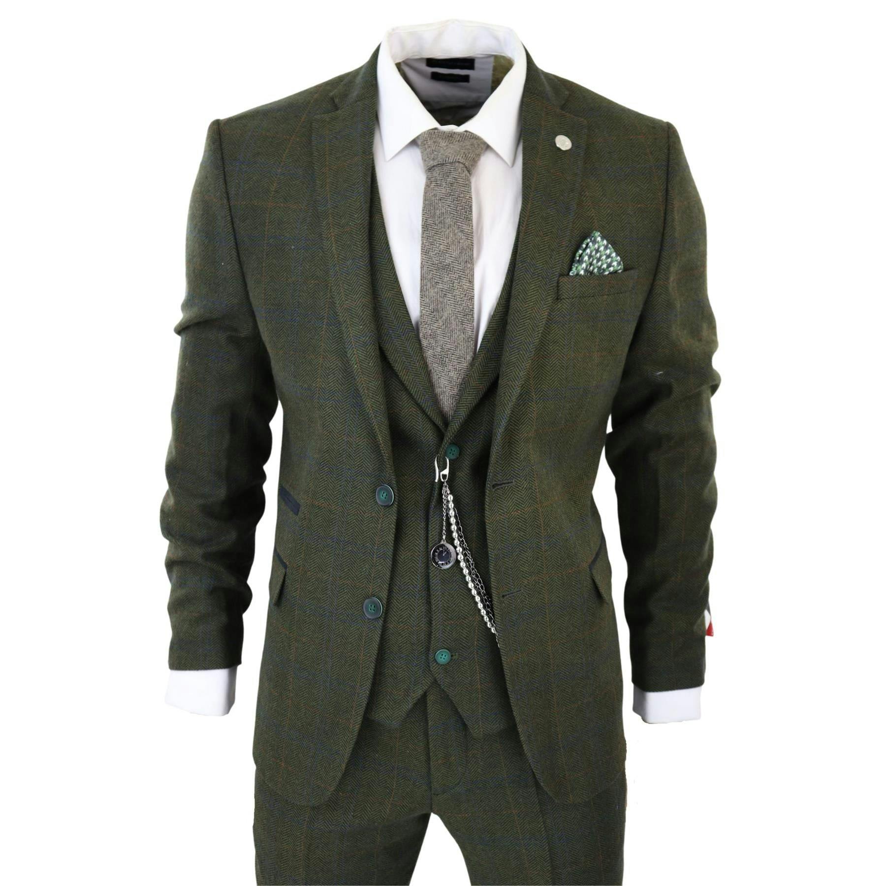 Truclothing Men's Green 3 Piece Wool Suit Olive Tweed Check Peaky Blinders 1920 Gatsby Formal - Olive - 42" Jacket 36" Trousers