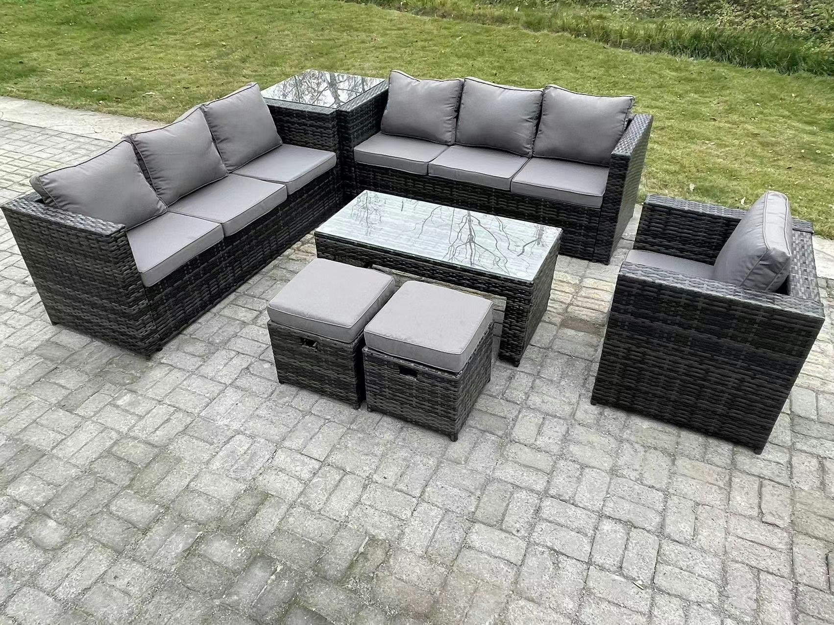 Rackhams Dark/Grey Outdoor Rattan Garden Furniture Lounge Sofa Set With Oblong Rectagular Coffee Table Arm Chair Side Coffee Table 2 Stools