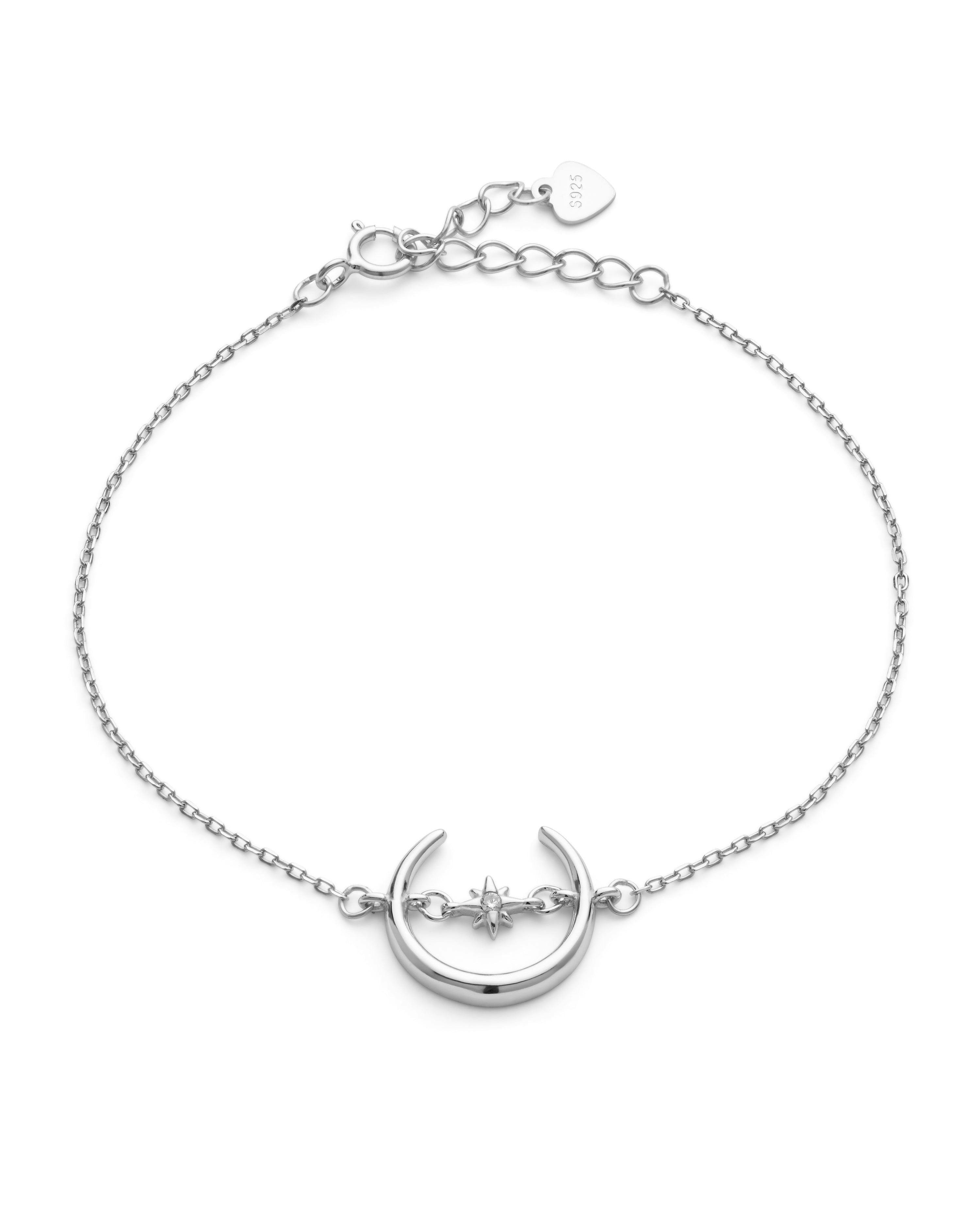 Elk & Bloom Silver Sterling Crescent Moon And Star Bracelet - No Thank You - Standard Length