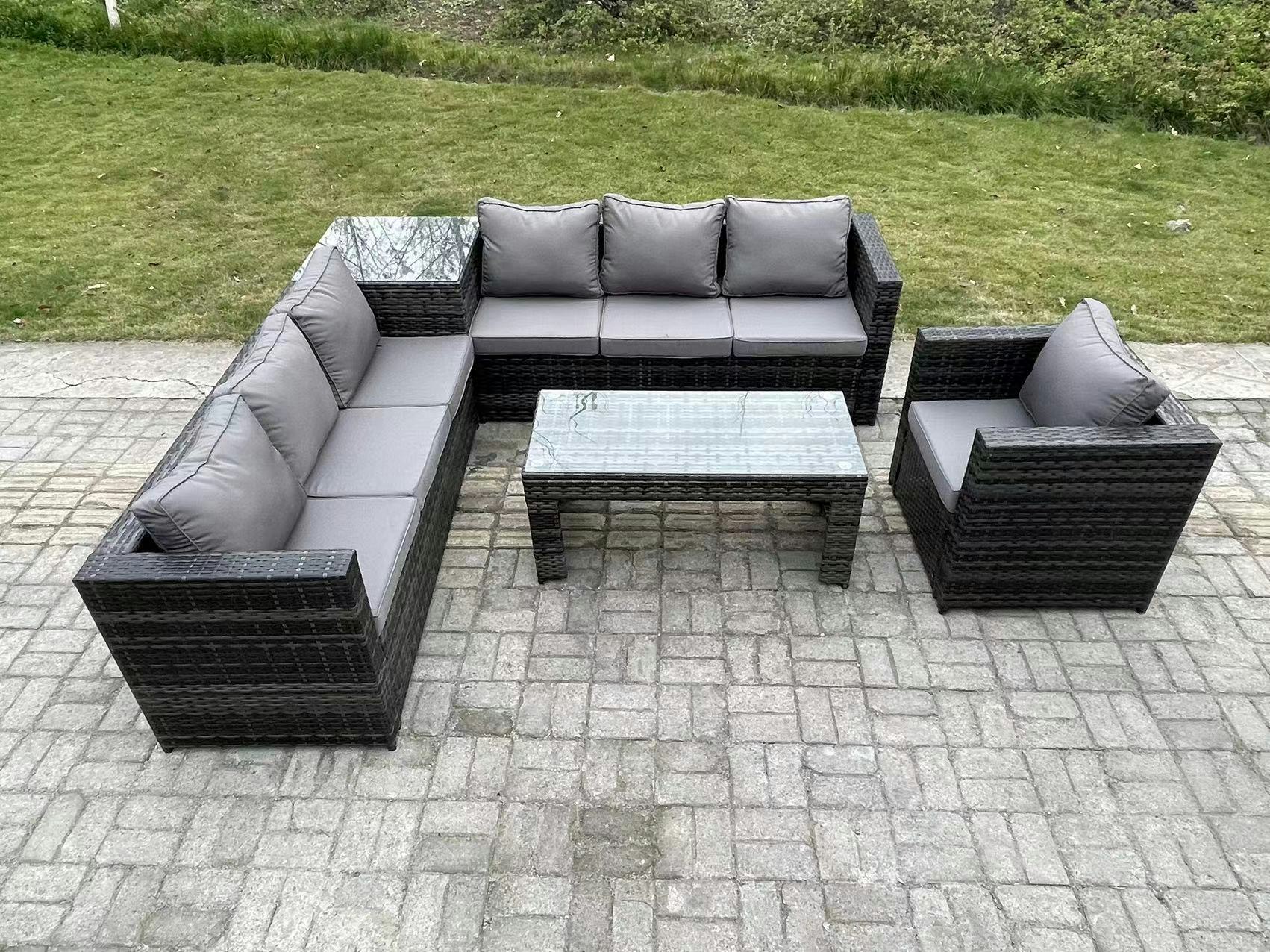 Rackhams Dark/Grey 7 Seater Rattan Corner Sofa Set With Square Side Table And Oblong Rectangular Coffee Tea Table Arm Chair Mixed
