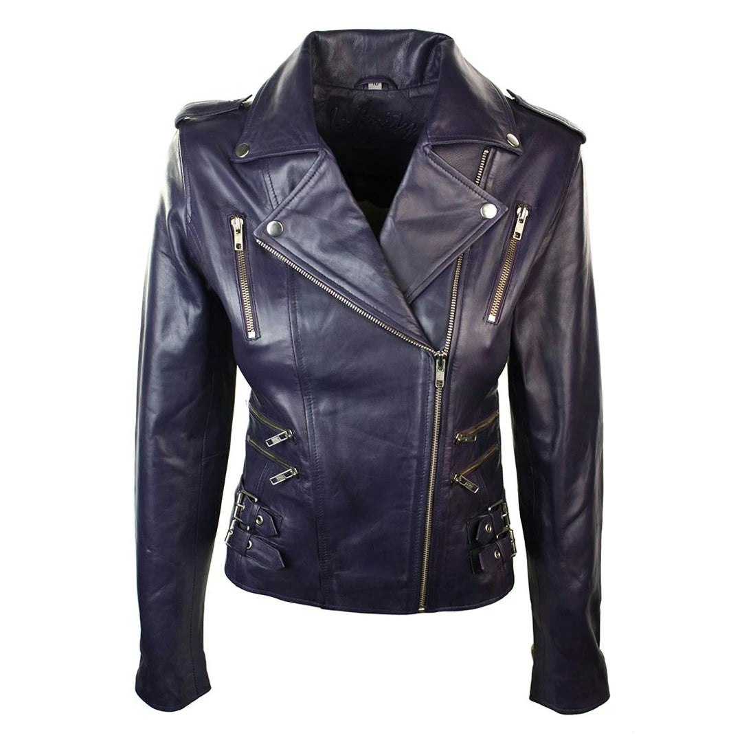 Infinity Leather Women's Purple Leather Company Leather Short Biker Jacket - Uk 10