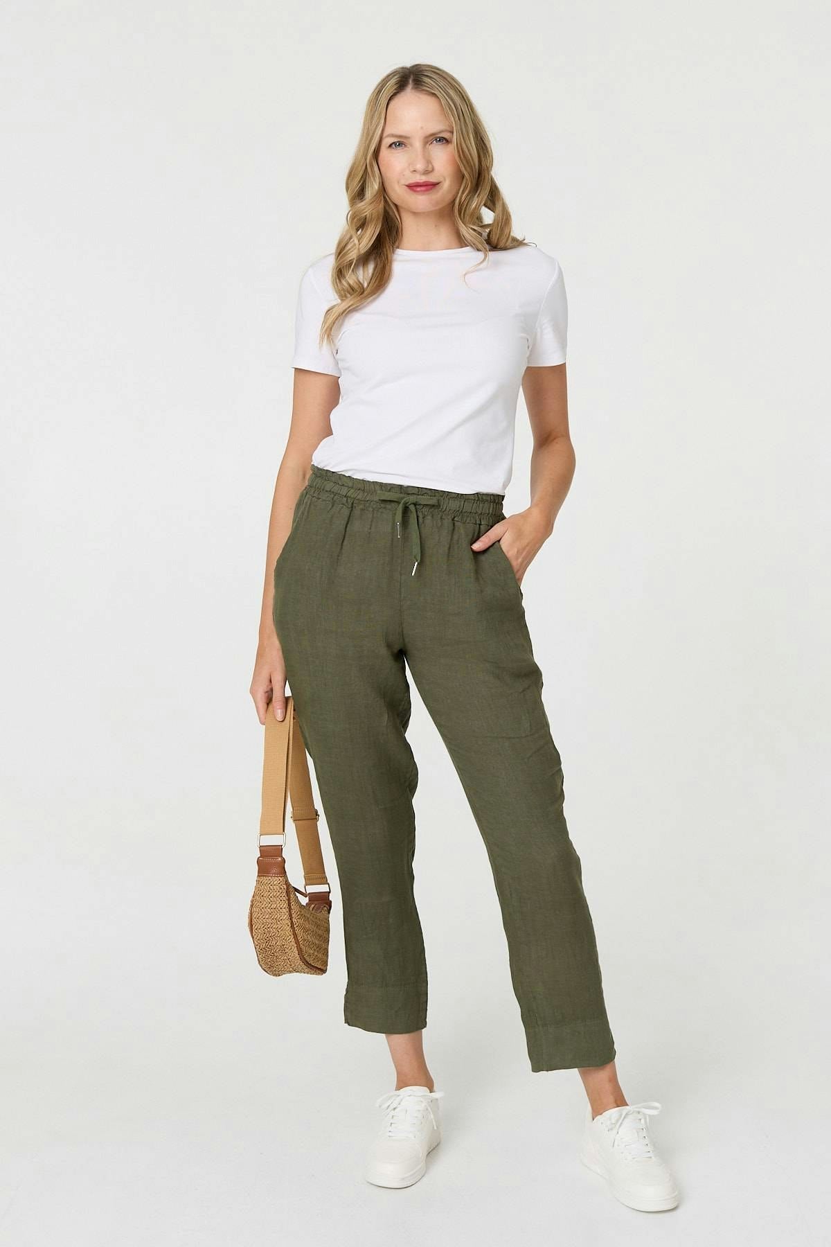 Izabel London Tie Front High Waist Slim Leg Trousers - Xl - Khaki