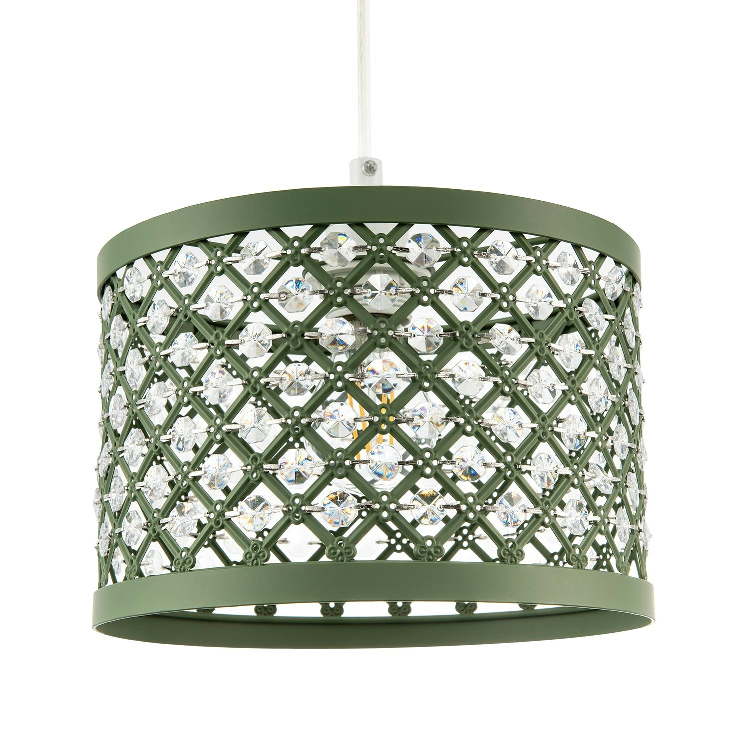 Rackhams Green Modern Ornate Olive Metal Pendant Shade With Clear Acrylic Beads