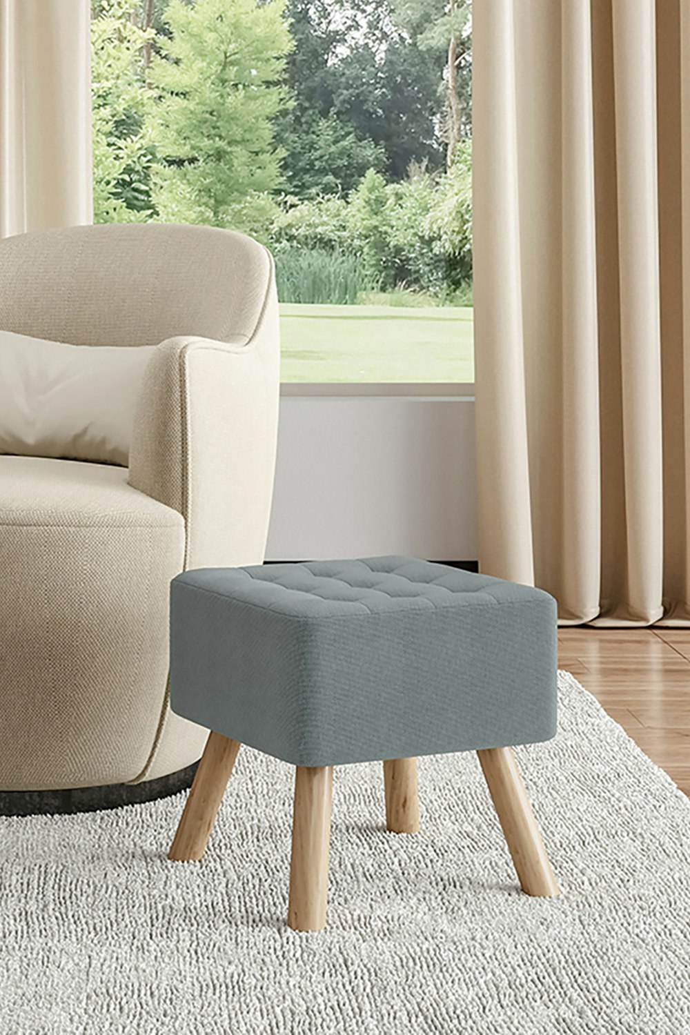 Rackhams Grey Linen Padded Wooden Leg Square Footstool