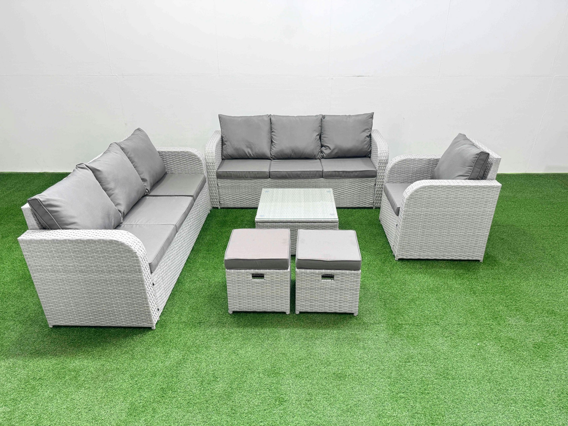 Rackhams Light/Grey 9 Seater Poly Rattan Outdoor Garden Furniture Square Coffee Table Sofa Set Patio 3 Seater Sofa Reclining Chair 3 Seater Sofa Stools