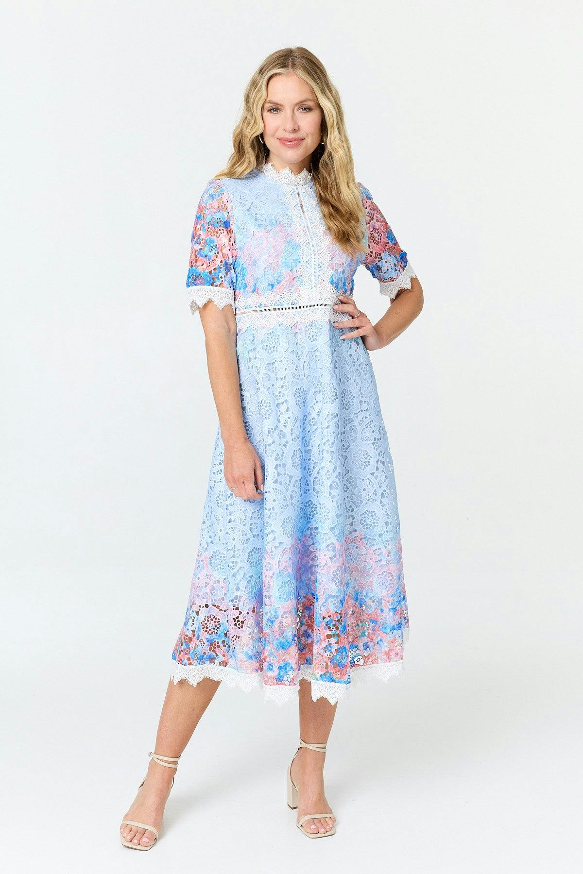 Izabel London Blue Floral Lace Trim 1/2 Sleeve Midi Dress - 14