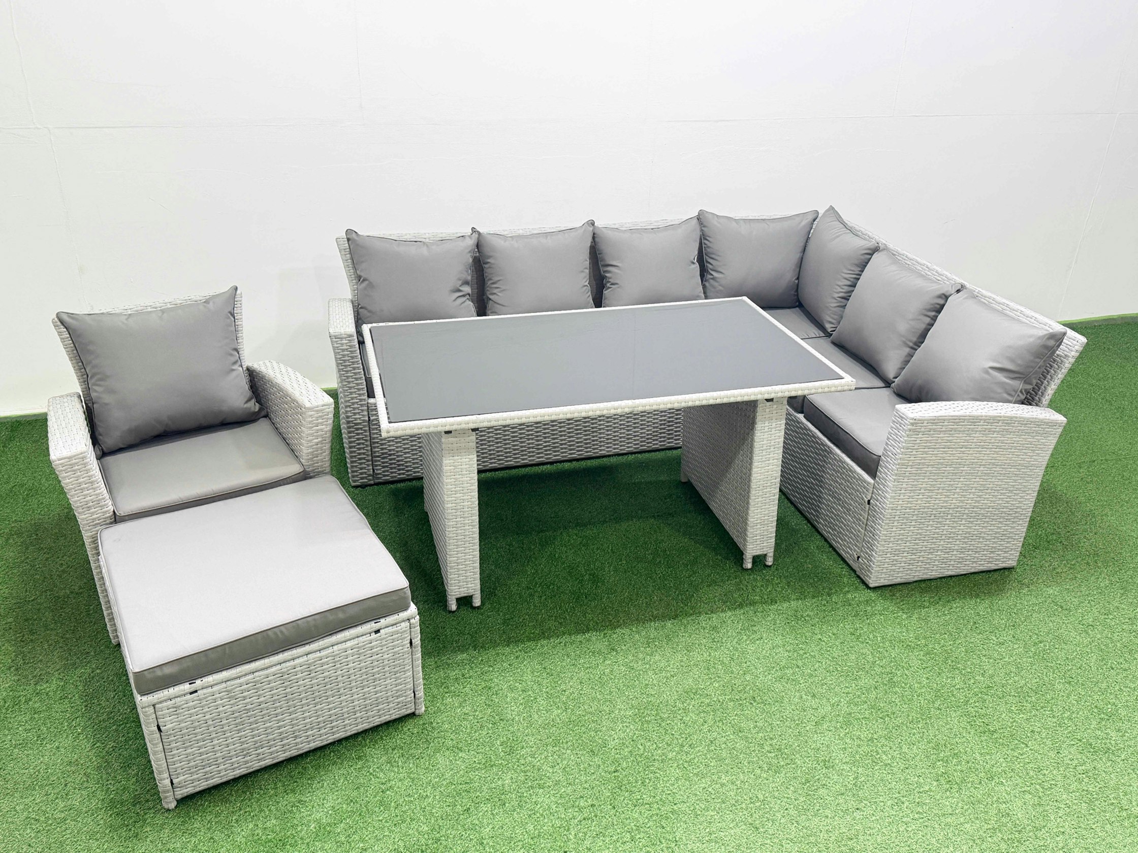 Rackhams Light/Grey Outdoor Garden Furniture Sets 8 Seater Rattan Corner Sofa Sets With Rectangular Dining Table Lounge Sofa Big Footstool Armchair