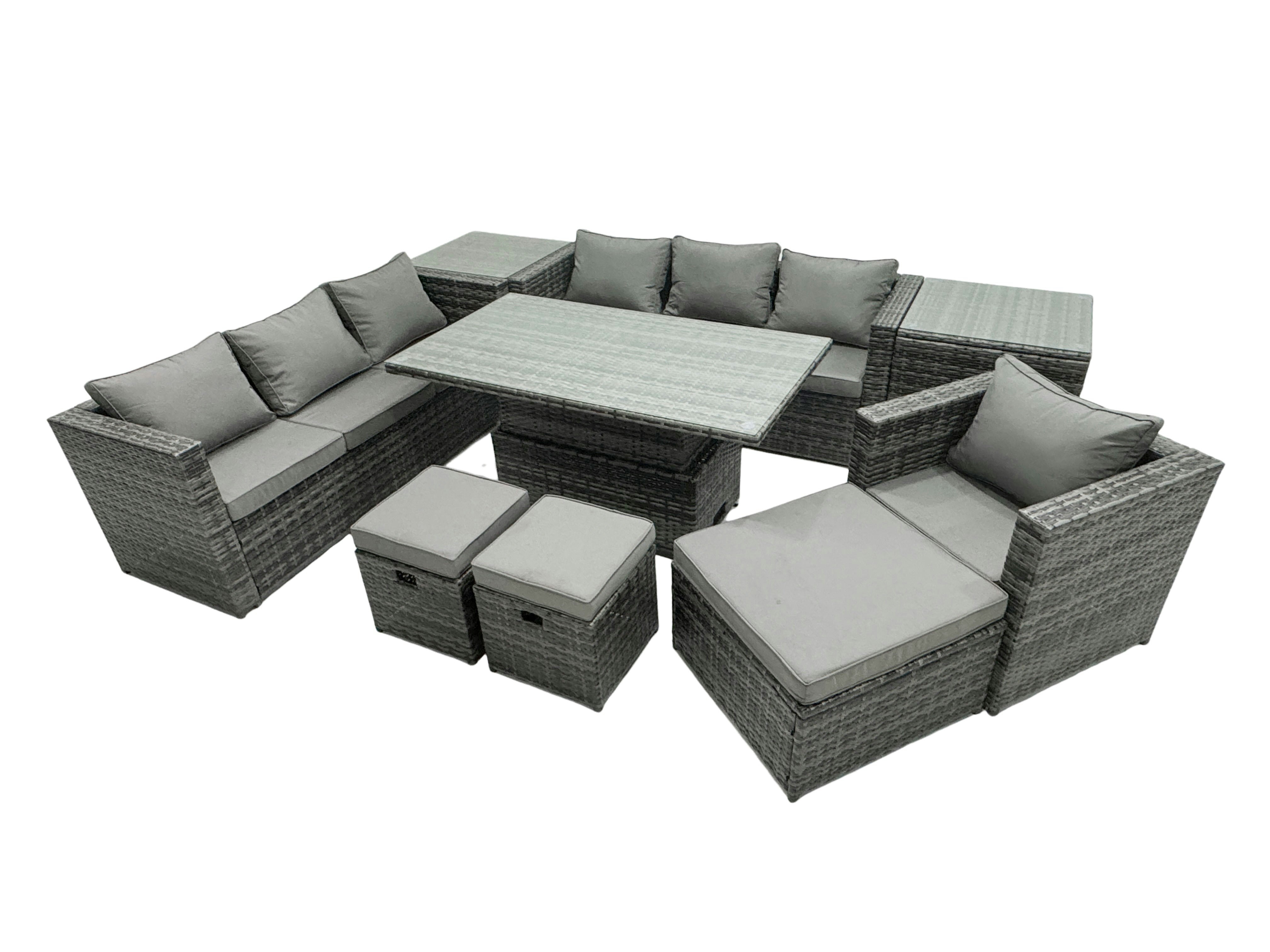 Fimous Dark/Grey Pe Rattan Garden Furniture Set Lounge Sofa Rising Dining Table Set With 2 Side Tables 3 Footstool Mixed
