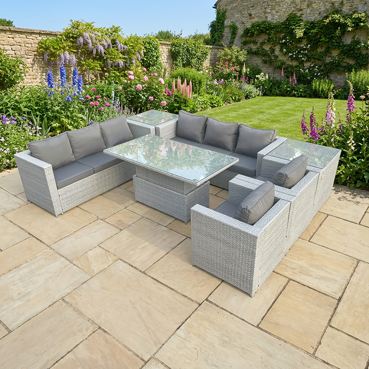 Rackhams Light/Grey 8 Seater Rattan Garden Furniture Set With Adjustable Rising Table, 2 Sofas, 2 Arm Chairs, 2 Side Tables