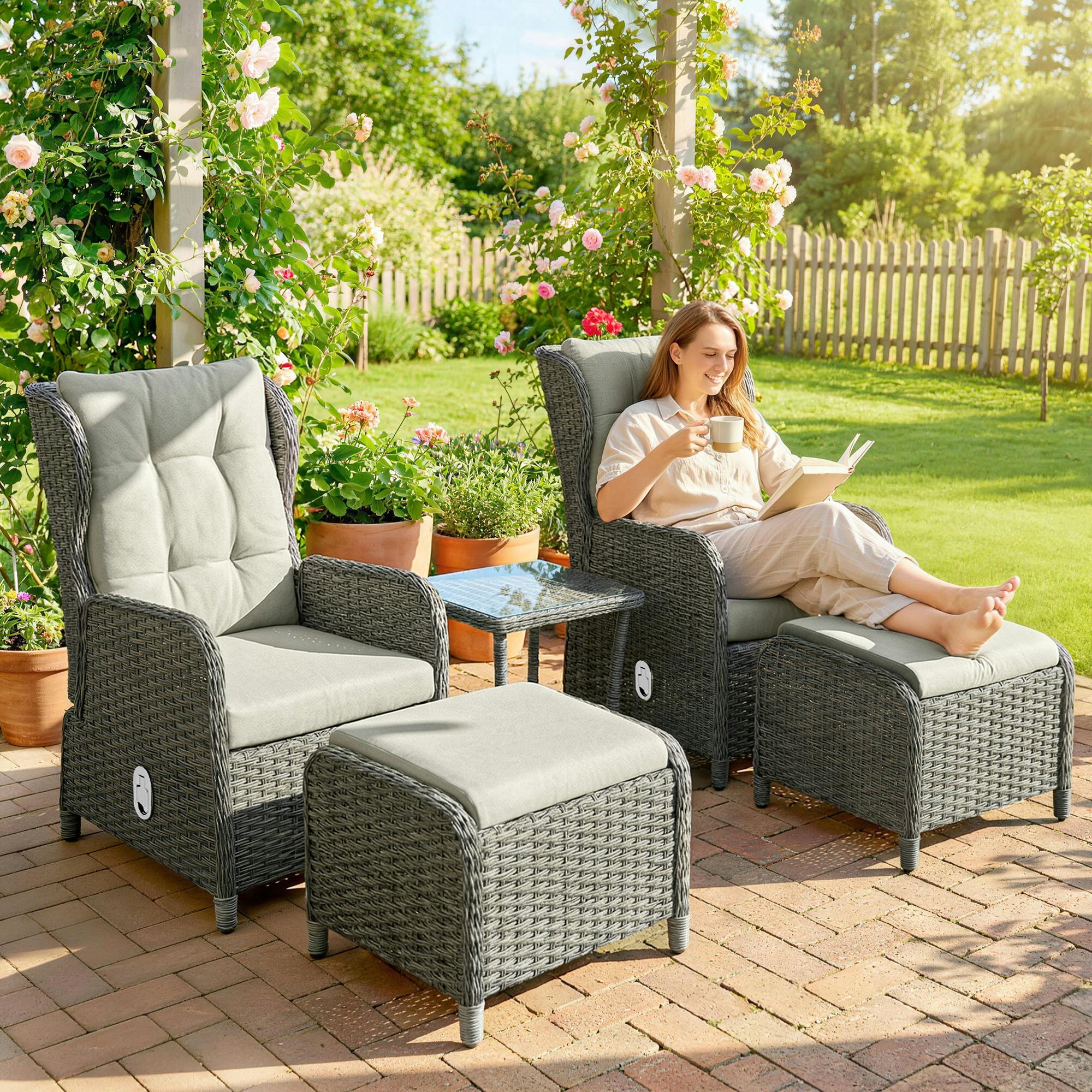 Rackhams Cream Garden Furniture Set, Rattan Reclining Garden Chair Set, - Modular Sofa Set - 5 - Pe Rattan, Aluminium, Polyester, Tempered Glass