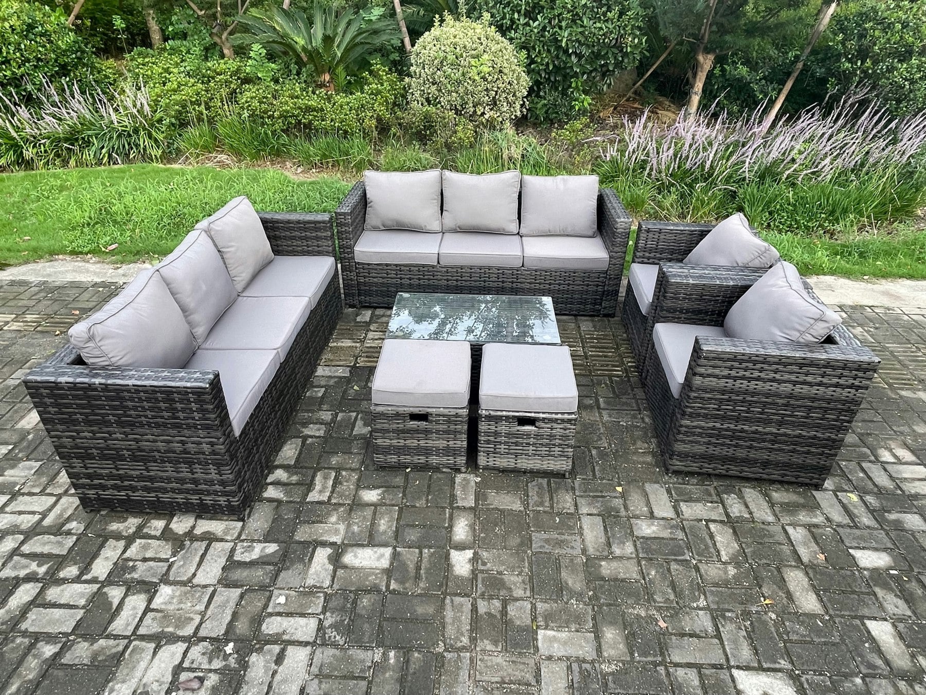 Rackhams Dark/Grey Wicker Pe Rattan Sofa Set Outdoor Patio Garden Furniture With 2 Armchairs Oblong Coffee Table 2 Small Footstools Mixed