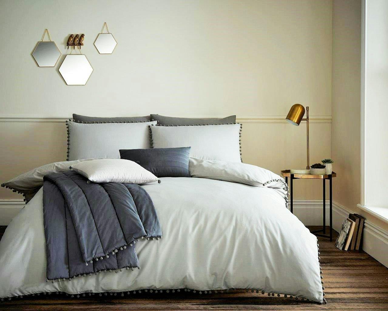 Rackhams Grey Pom Pom Duvet Cover And Pillowcase Set - King (220Cm X 235Cm)