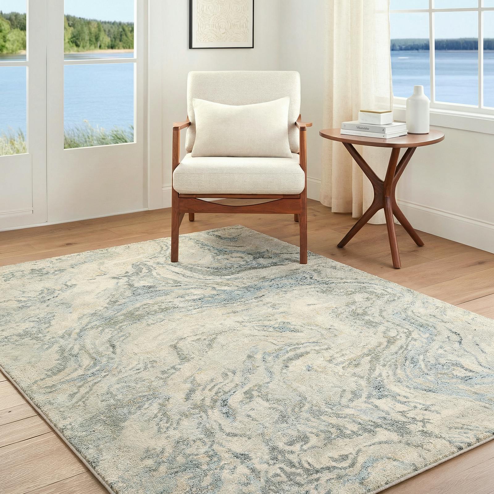 Livabliss Beige/Grey/Blue Avellino-Abstract Modern Marble High Pile Rug - 160 X 213 Cm