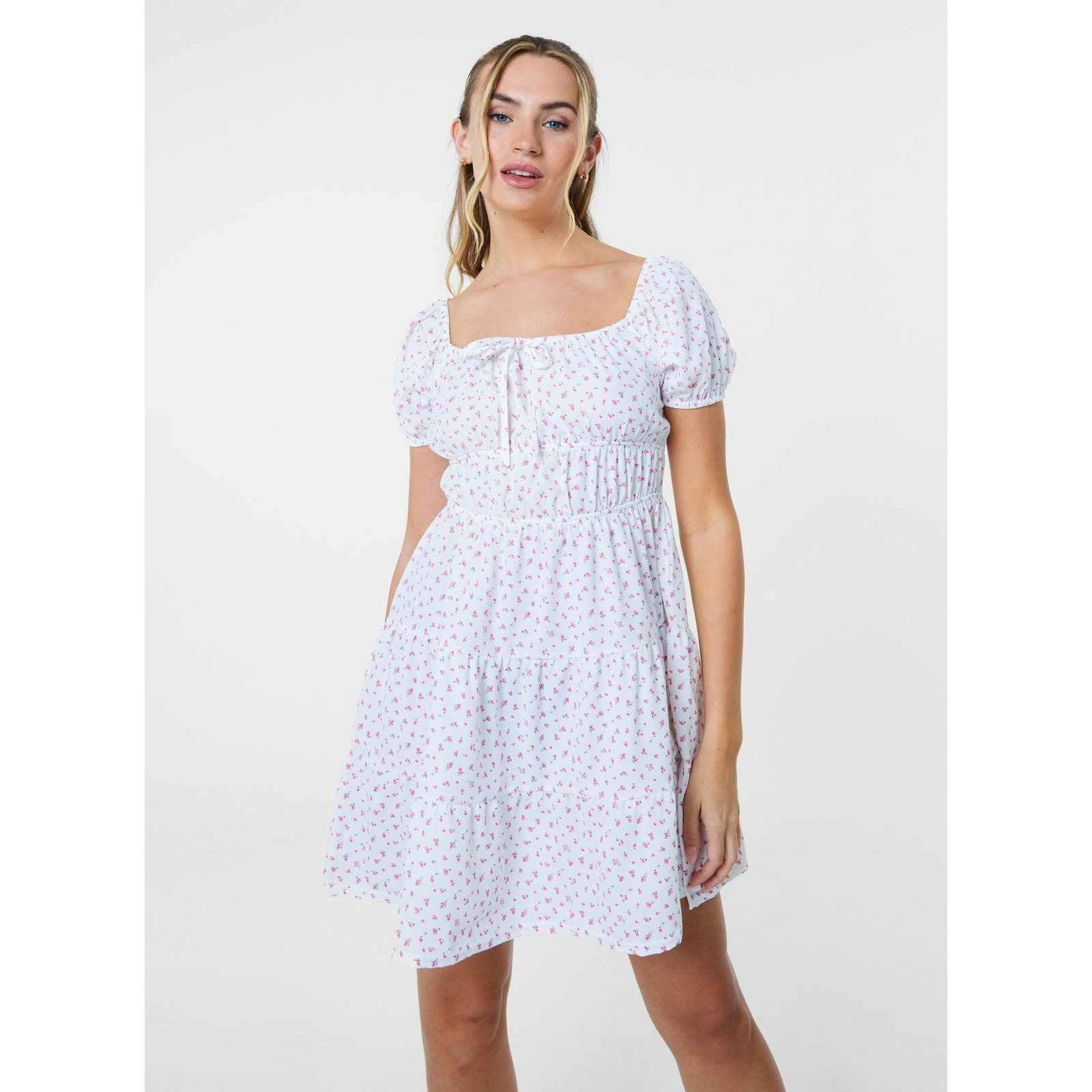 Pink Vanilla Pink/Ivory Vanilla Ditsy Puff Sleeve Tiered Mini Dress - L