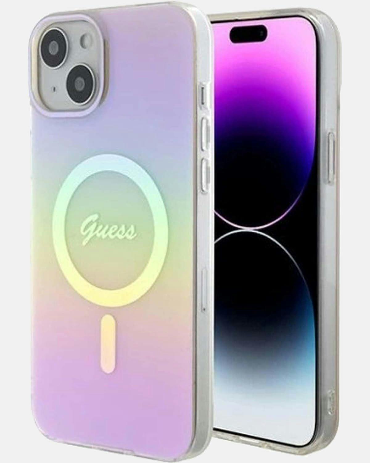 Guess Pink Iml Iridescent Script Hard Case With Magsafe For Iphone 15 6.1" - Guhmp15shitsp