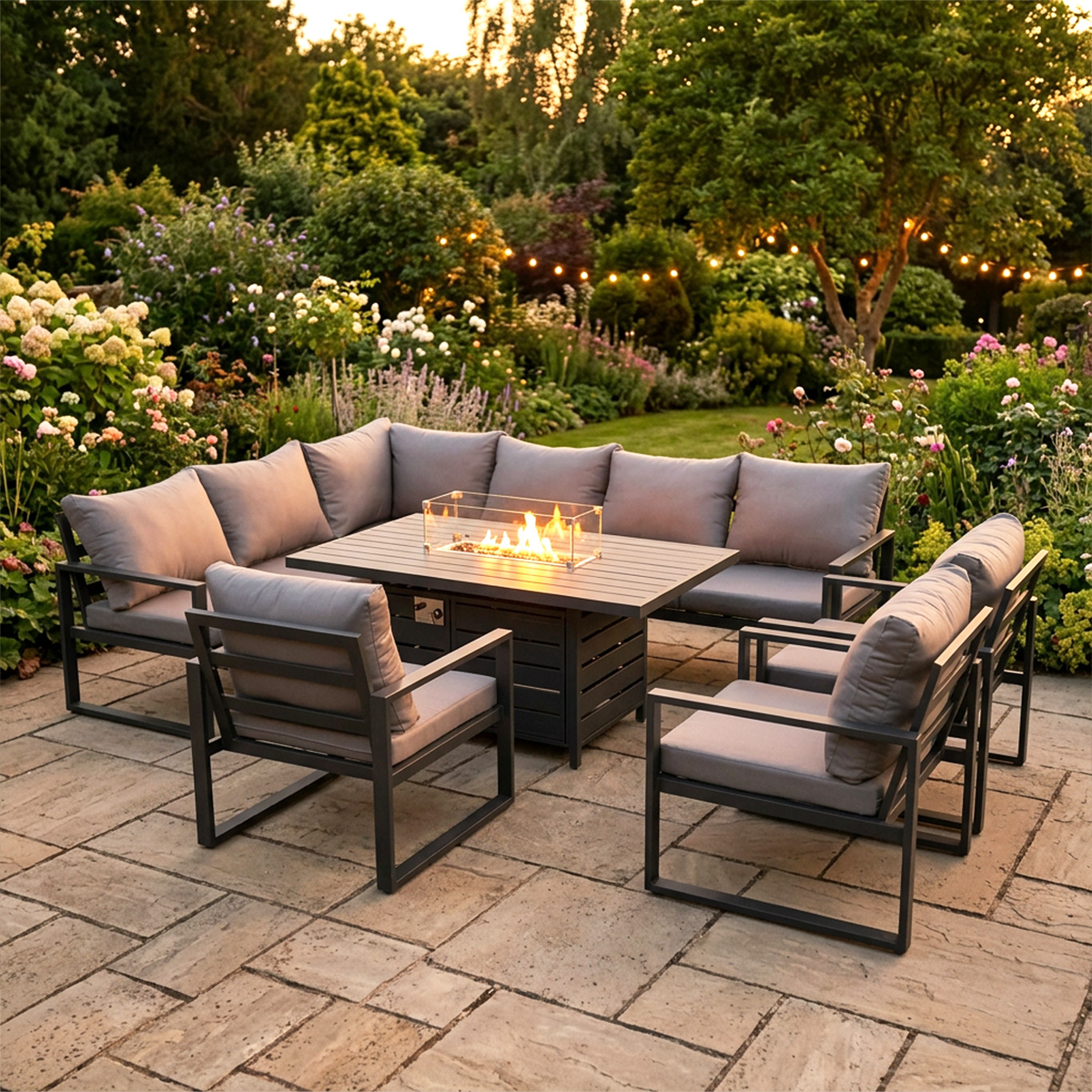 Fimous Dark/Grey Aluminium Outdoor Garden Furniture Corner Sofa Gas Fire Pit Dining Table Sets Gas Heater Burner With 3 Chairs 9 Seater